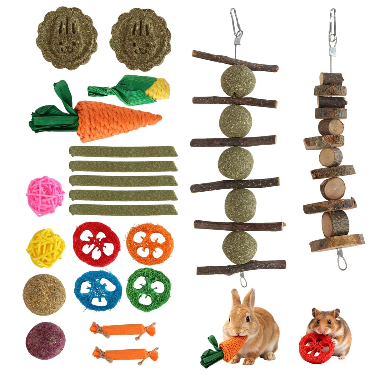 Juego de 21 juguetes de conejo, juguete natural para conejos de indias, hámster, chinchillas, palillos de madera de manzana para animales pequeños, cuidado dental