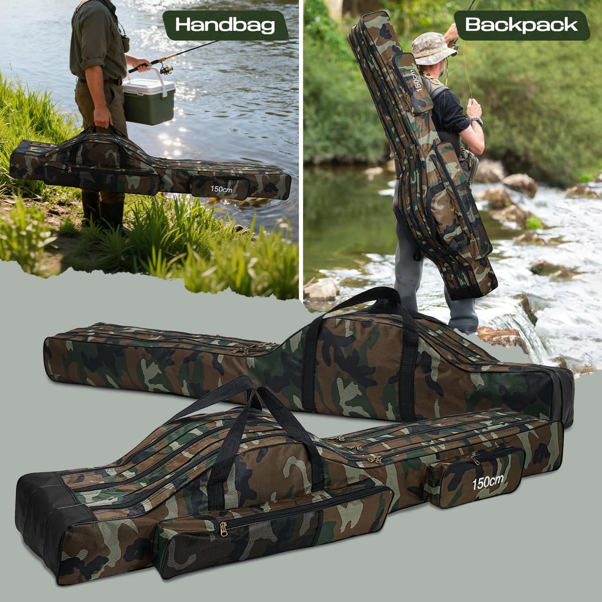 Lomffy Bolsa para Caña de Pescar Portátil, 150cm Plegable Alta Capacidad Bolsa de Almacenamiento para Caña de Pescar con 3 Capas Impermeable Duradero Bolsa de Transporte para Caña de Pescar (Marrón) — view 5