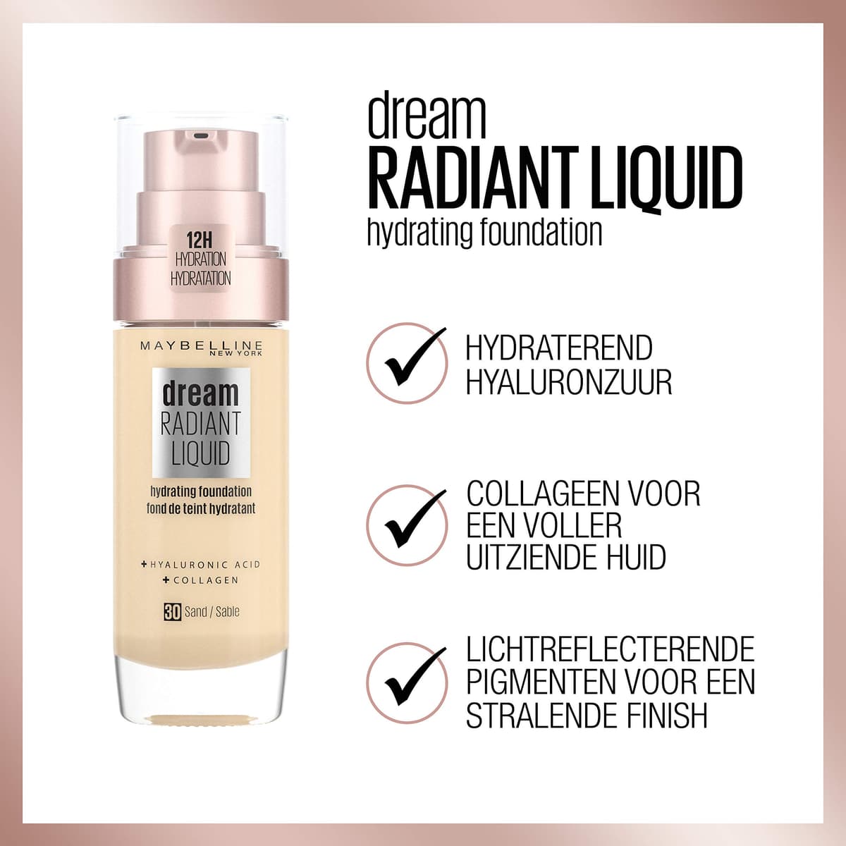 Maybelline Foundation, Dream Radiant Liquid Hydrating Foundation with Hyaluronic Acid and Collagen - Lightweight, Medium Coverage Up to 12 Hour Hydration, 30 Sand — view 5