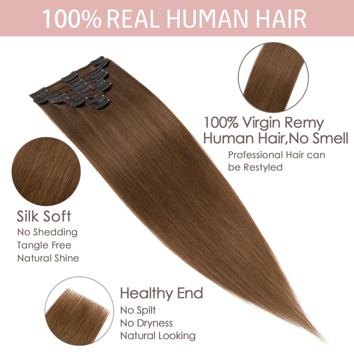 Silk-co 10inch Hair Extensions Clip in Hair Extension Human Hair #04 Medium Brown -Basic Thickness-Thin Weft- 8 Pieces Real Remy Straight Hair Extensions[50g] — view 130