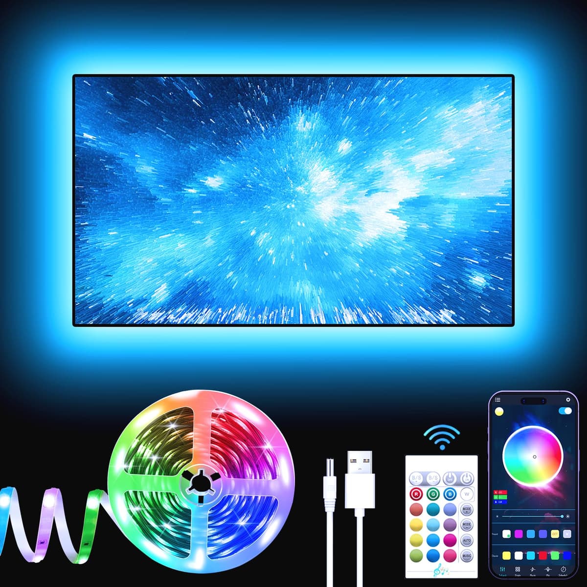 GIPOYENT TV Light Strip, 5M TV Backlight, for 45-75 Inch TV, Music Sync LED TV Light with Bluetooth Function - RGB Color Changing Light Strip for Home Theater (16.4ft) — view 10