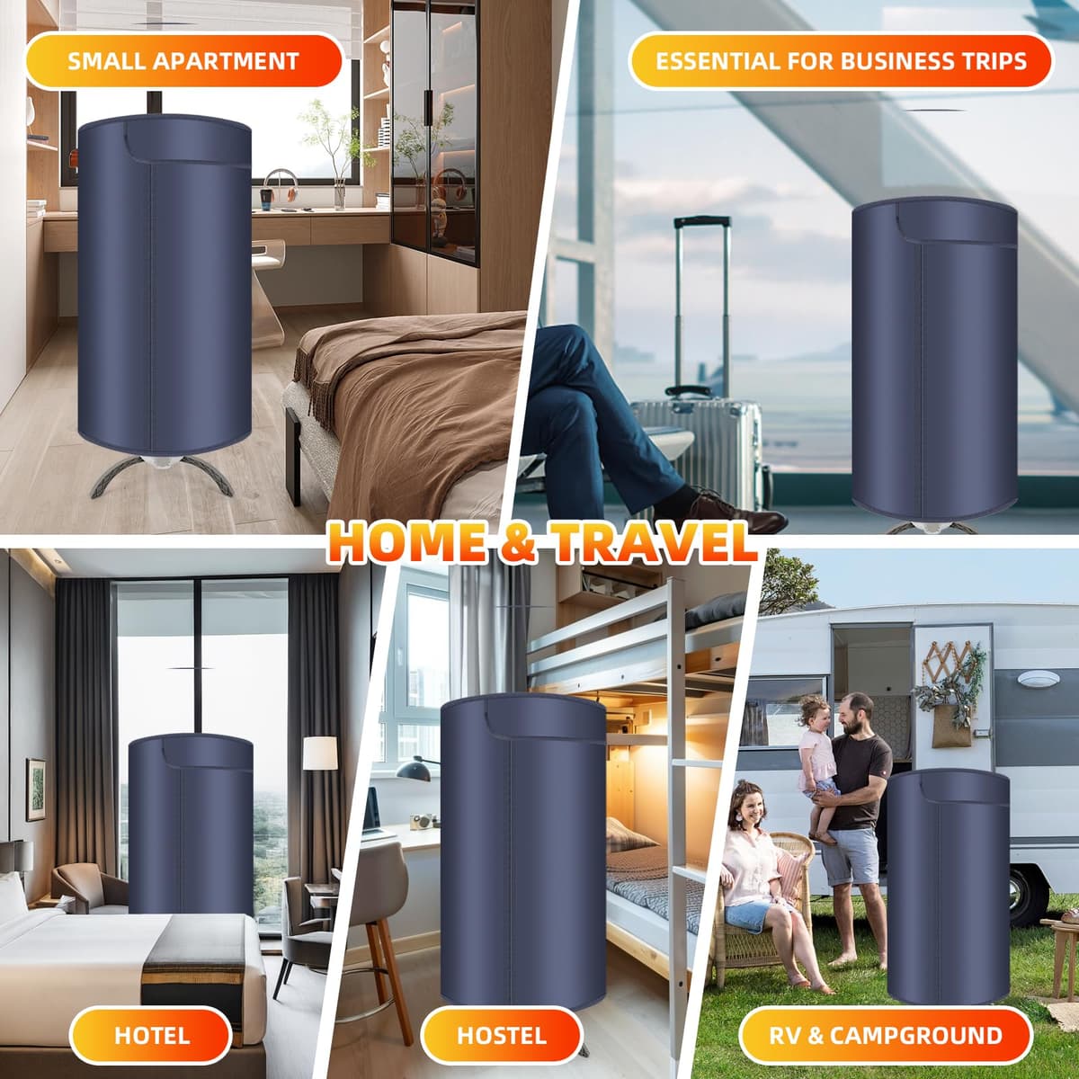Portable Clothes Dryer, Foldable Electric Mini Dryer with Towel Rack, 900W Heated Drying Pod, 2-Layer 360° Hot Air Drying, Compact Travel Dryer for Home, Apartment, RV & Travel — view 7