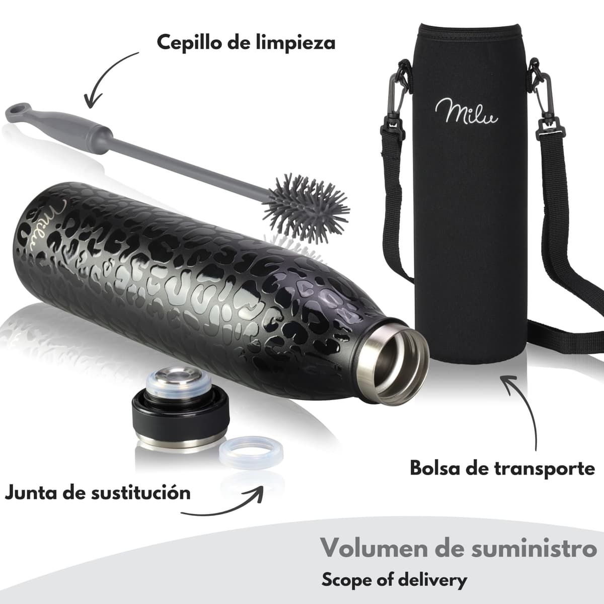 Milu Botella de acero inoxidable de 350ml 500ml 750 ml 1 L 1,5 L botella de agua aislada, termo a prueba de fugas, doble pared, apta para ácido carbónico + cepillo de limpieza (Azul Violeta, 350ml) — view 136