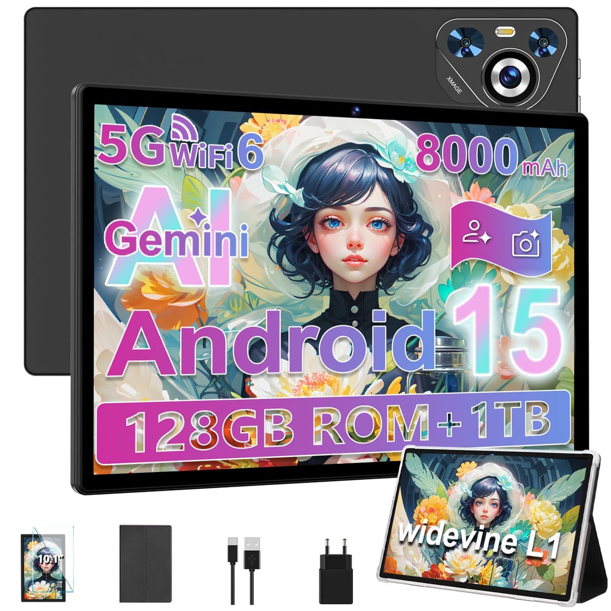 Tablet 10 pollici Android 14, 22GB RAM 128GB ROM/TF 1TB, Octa-Core, 8000mAh, Corpo in Metallo, Face ID, Doppio WiFi, 8MP+5MP, Widevine L1, Protezione Occhi, Tastiera, Mouse, Blue — view 4