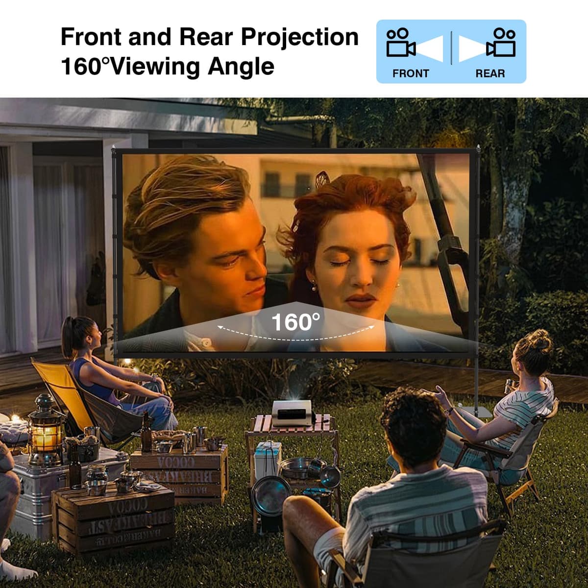 STWUI Outdoor-Projector-Screen-with-Stand - 120 inch Portable Projection Screen Indoor Outdoor Projector Screens 16:9 4K HD Lightweight Movie Screen with Carry Bag for Backyard Movie Night 1pcs — view 4
