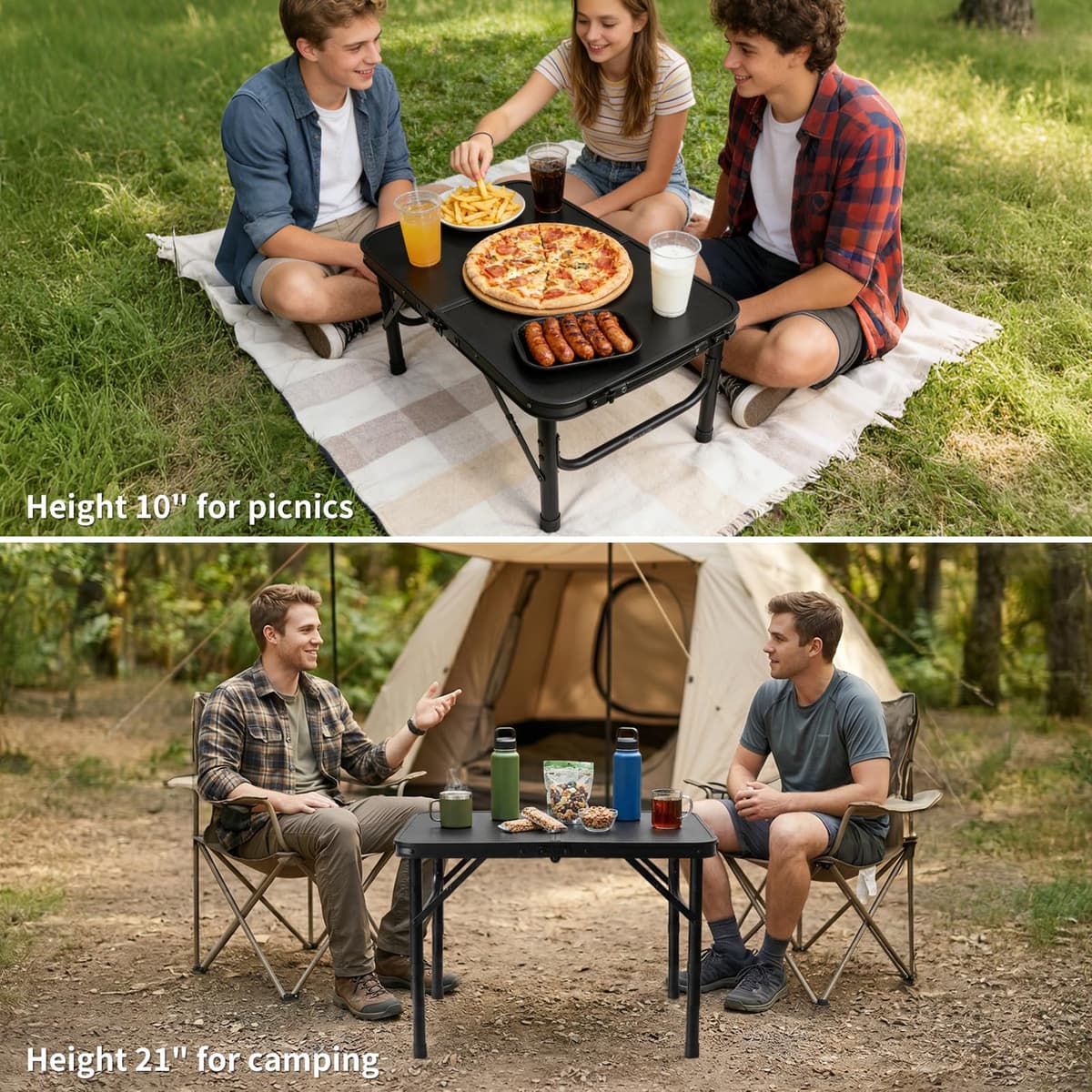 Mesa Plegable Camping 60x40 cm, altura ajustable 26/55 cm, con asa; patas de aluminio y tablero MDF fácil de limpiar, ligera y fácil de transportar para balcón, terraza y playa, picnic y pesca, negro — view 4
