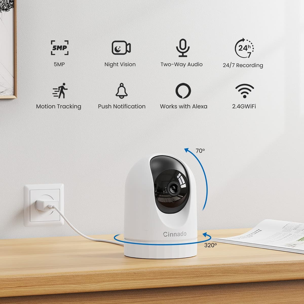 Cinnado Camara Vigilancia WiFi Interior - 2K Cámara Perros y Bebe con Seguimiento de Movimiento, Camaras Domicilio WiFi IP 360°, Visión Nocturna, 24/7 Grabación, Compatible con Alexa — view 2