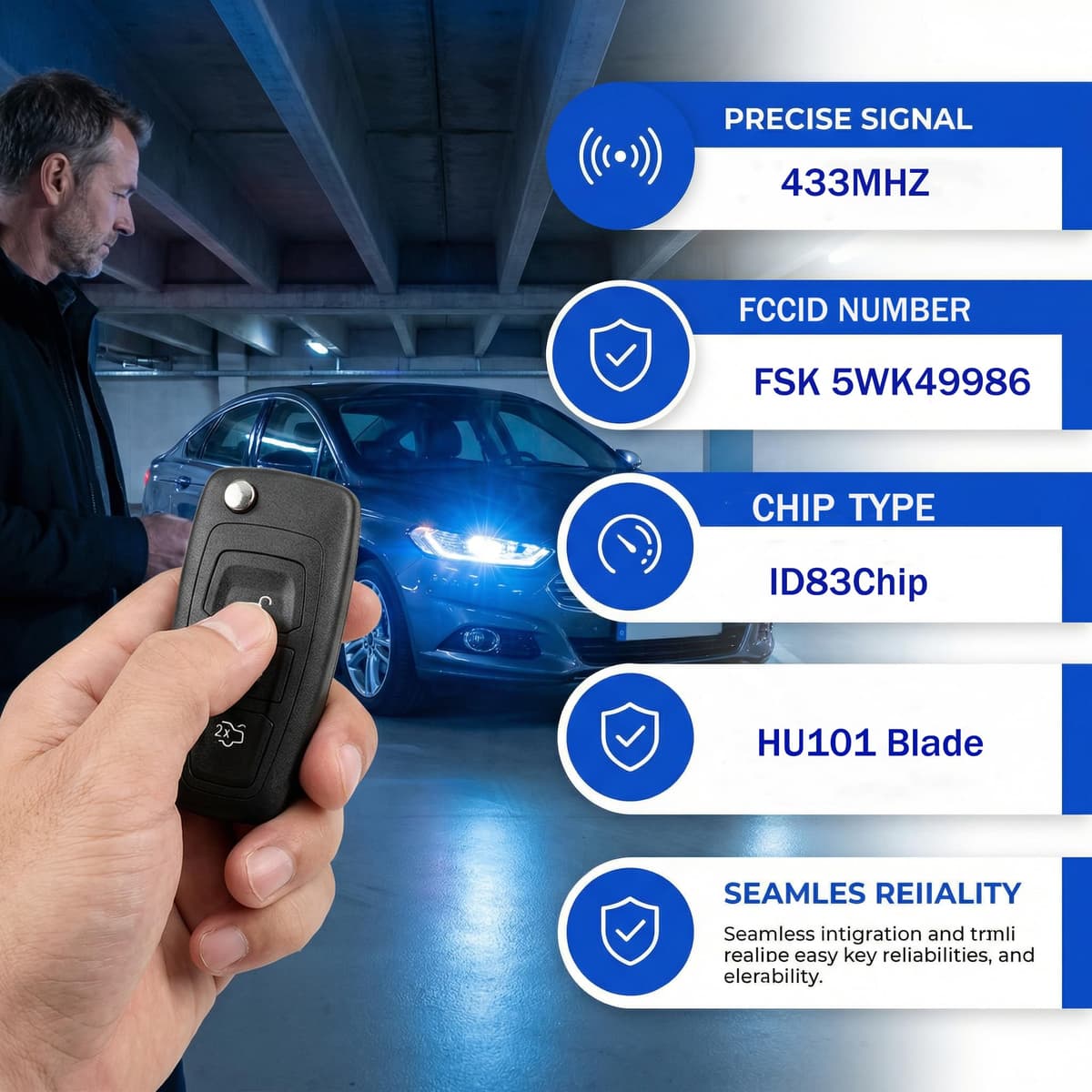 3 Buttons 433MHZ Car Key Fob with 4D83/63 Chip for Ford, Remote Control Key Compatible with Fiesta Mondeo Focus Kuga S-Max C-Max Galaxy Transit Connect Custom MK8 — view 2