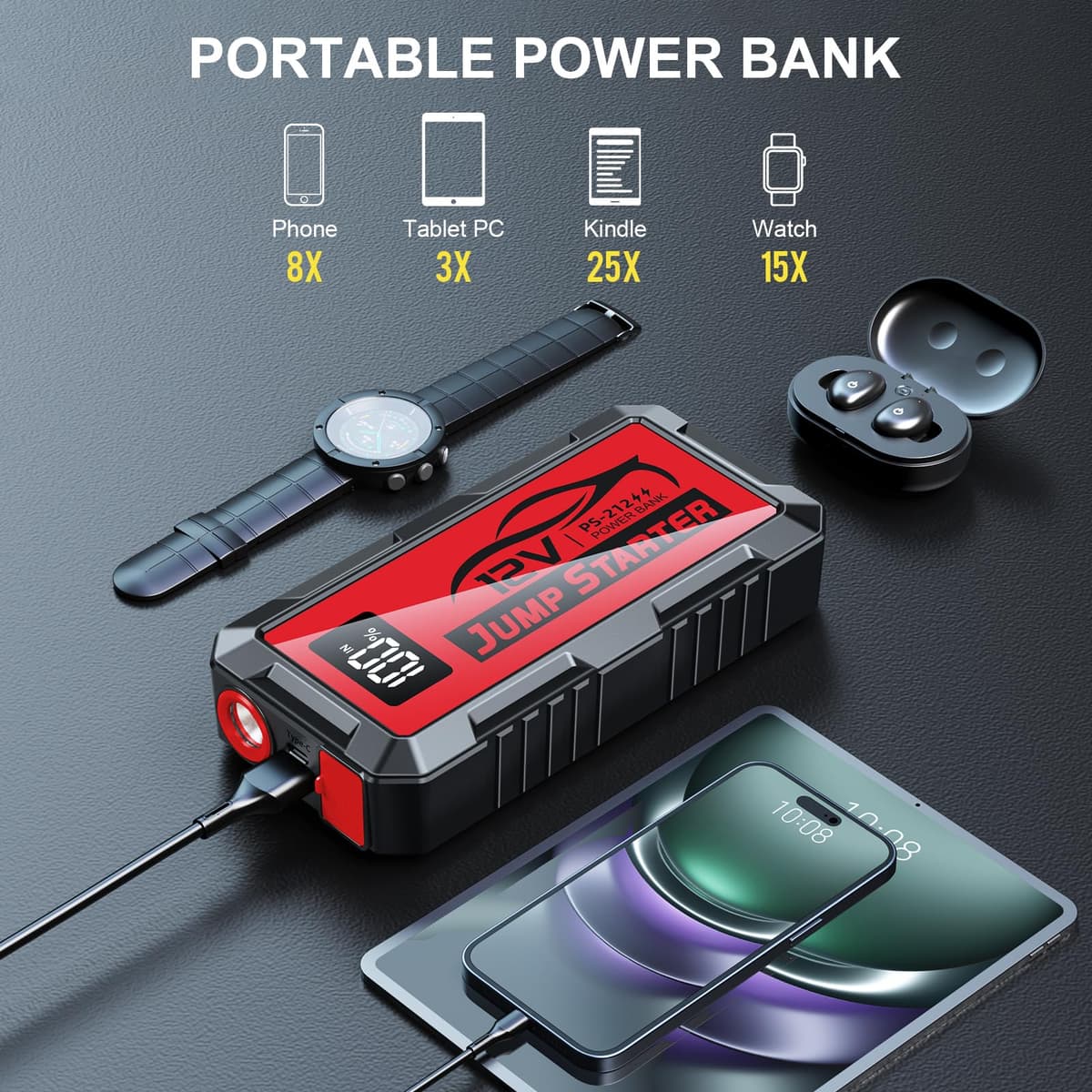 PSOOO Jump Starter 12V 8000A Power Pack Car Battery Pack (up to 10.0L Gas or 8.5L Diesel Engine) Jump Cable with Smart Clip and LED light (Red) — view 3