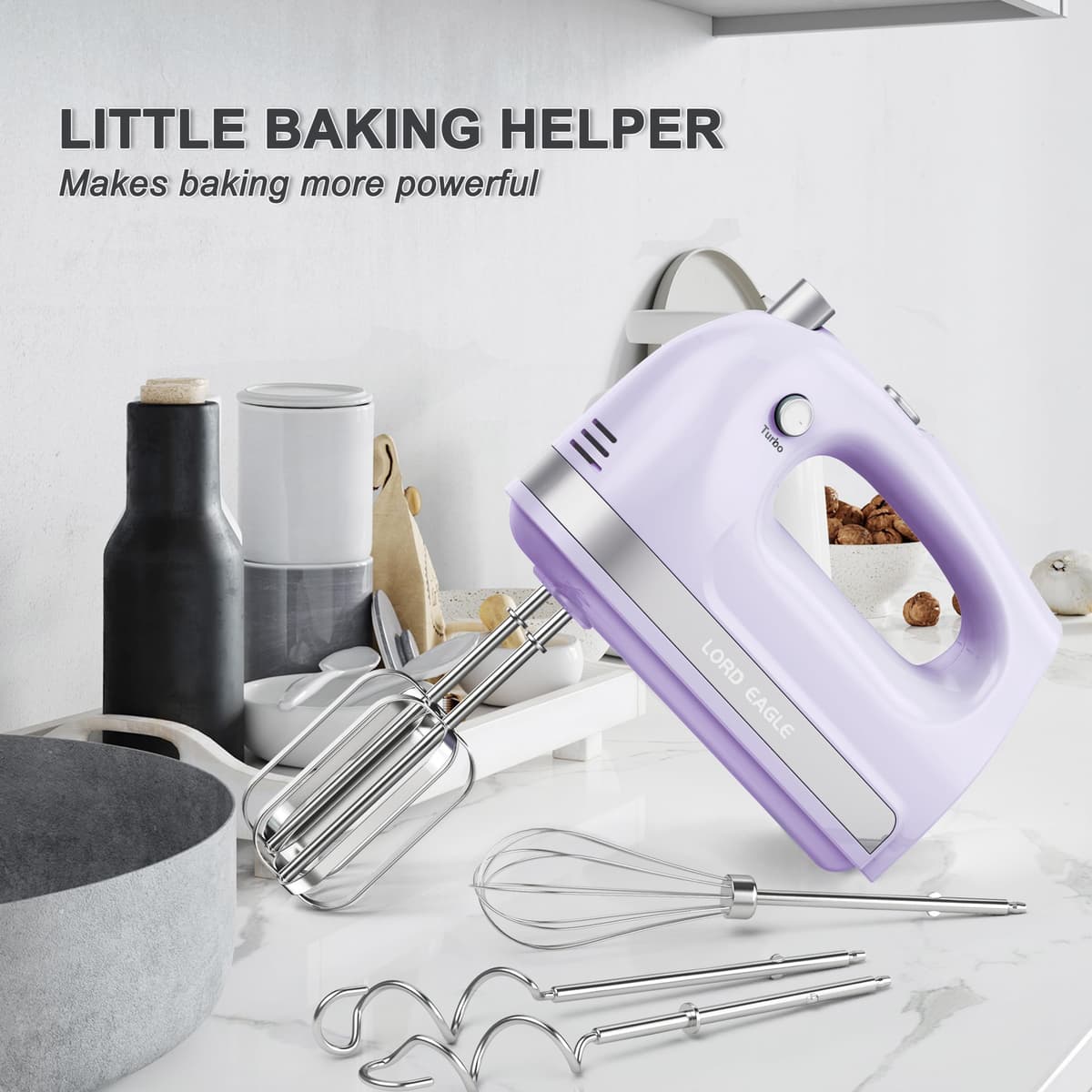 Lord Eagle Hand Mixer Electric Whisk, 400W Power Handheld Mixer for Baking Cake Egg Cream Food Beater, Turbo Boost/Self-Control Speed + 5 Speed + Eject Button + 5 Accessories, Purple — view 7