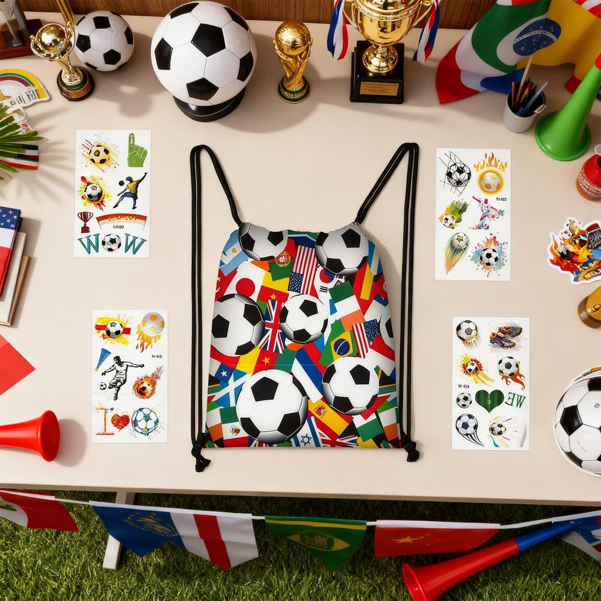 World Cup Football 2026 Drawstring Bag And World Cup 2026 Tattoos - 2pc World Cup Supporter Fan Gear For Boys Girls, Multi-Nation Flag Backpack & Stadium Accessory Set — view 4