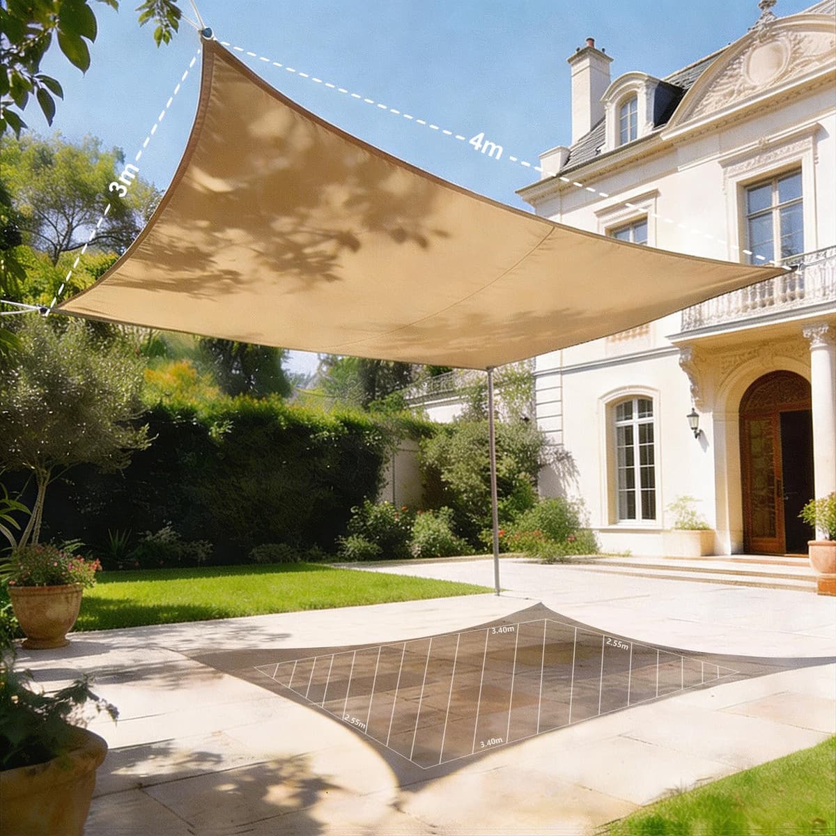 HAIKUS Toldo Vela de Sombra Exterior Rectangular 3x4m Protección UV PES Impermeable, Lona Sombra para Terraza Jardín - Arena — view 3