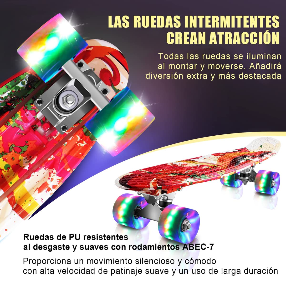 Monopatín Skateboard Completo Niños con 4 Ruedas LED para Niño y Niña Penny Board Mini Cruiser de 55CM con Herramienta T de Patinete Todo-en-uno — view 2