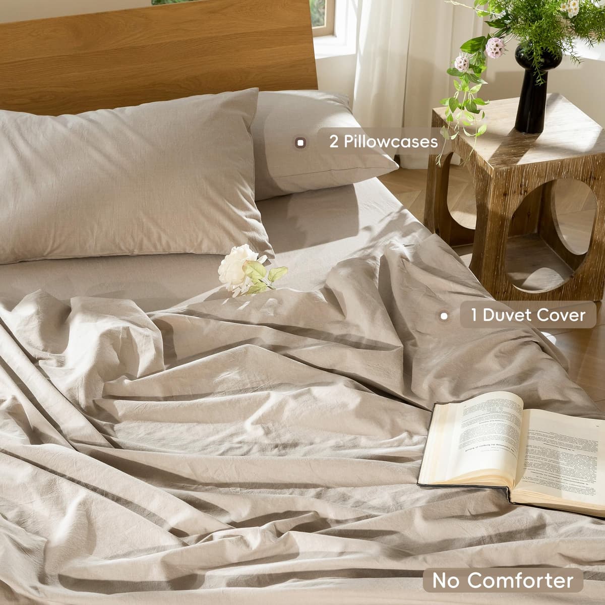MooMee Bedding Duvet Cover Set 100% Washed Cotton Linen Like Textured Breathable Durable Soft Comfy (Tannish Linen Grey, King) — view 65