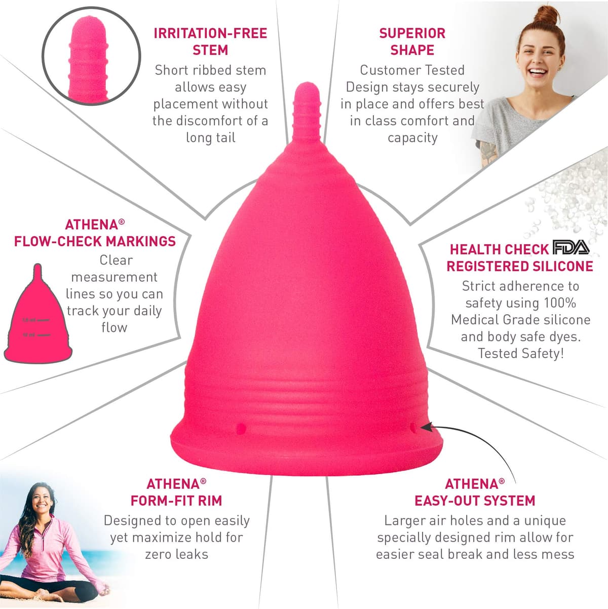 Athena Copa Menstrual – La copa menstrual más recomendada - Incluye una bolsa de regalo - Talla 1, Rojo liso - ¡Ausencia de pérdidas garantizada! — view 2