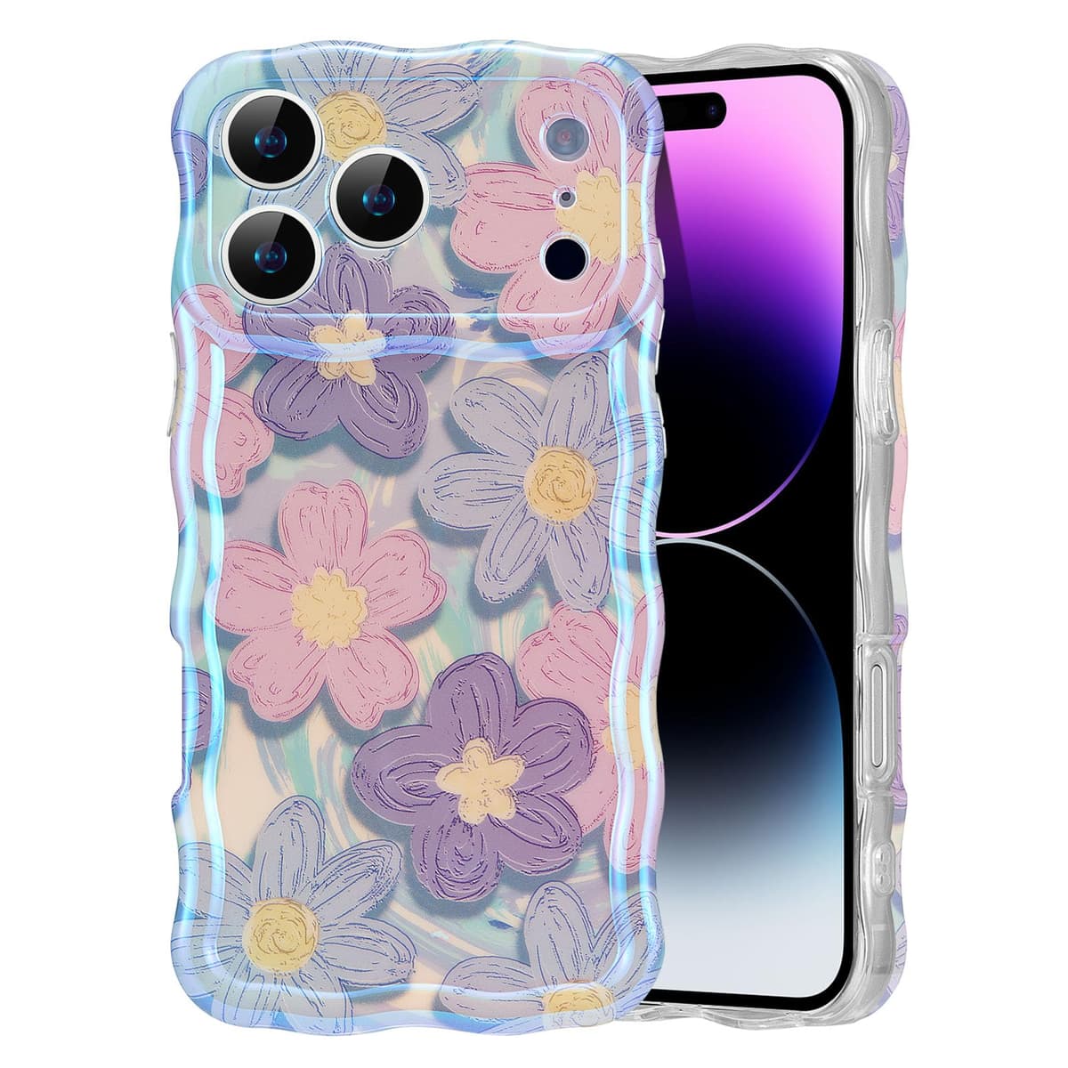 EYZUTAK Case for iPhone 16, Colorful Retro Oil Painting Printed Flower Laser Glossy Pattern Cute Curly Wave Edge Exquisite Phone Cover Stylish Durable TPU Protective Case for Girl Women-Green — view 99