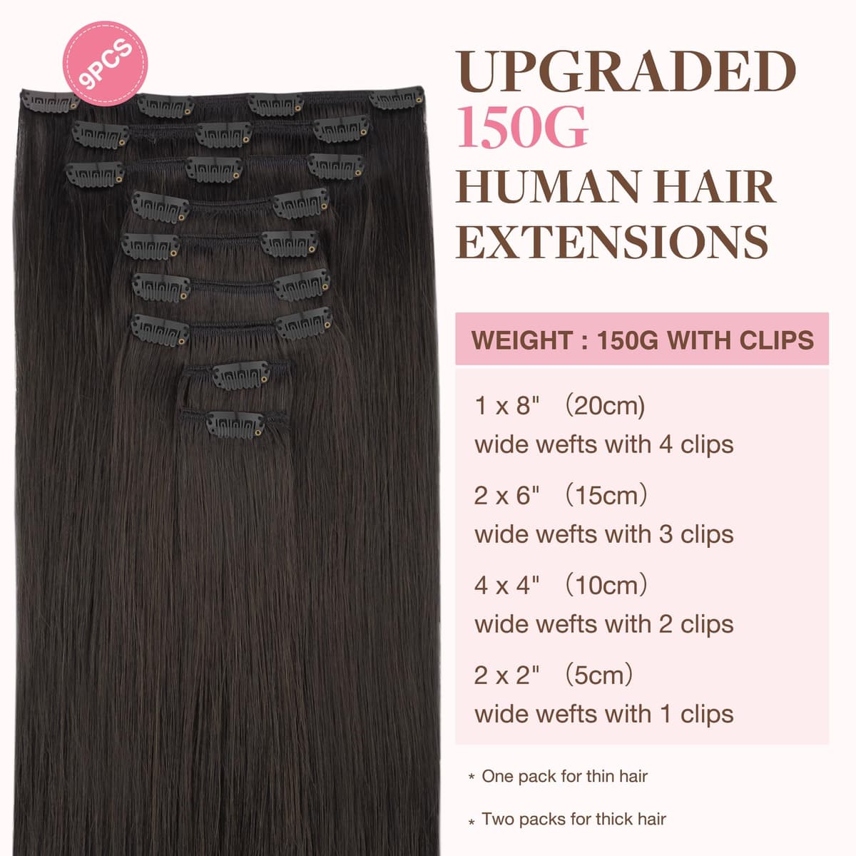 GOO GOO Clip in Hair Extensions Human Hair, 18inch 150g 9Pcs, #2 Dark Brown, Hair extensions for women, Human Hair Extensions Clip in — view 2