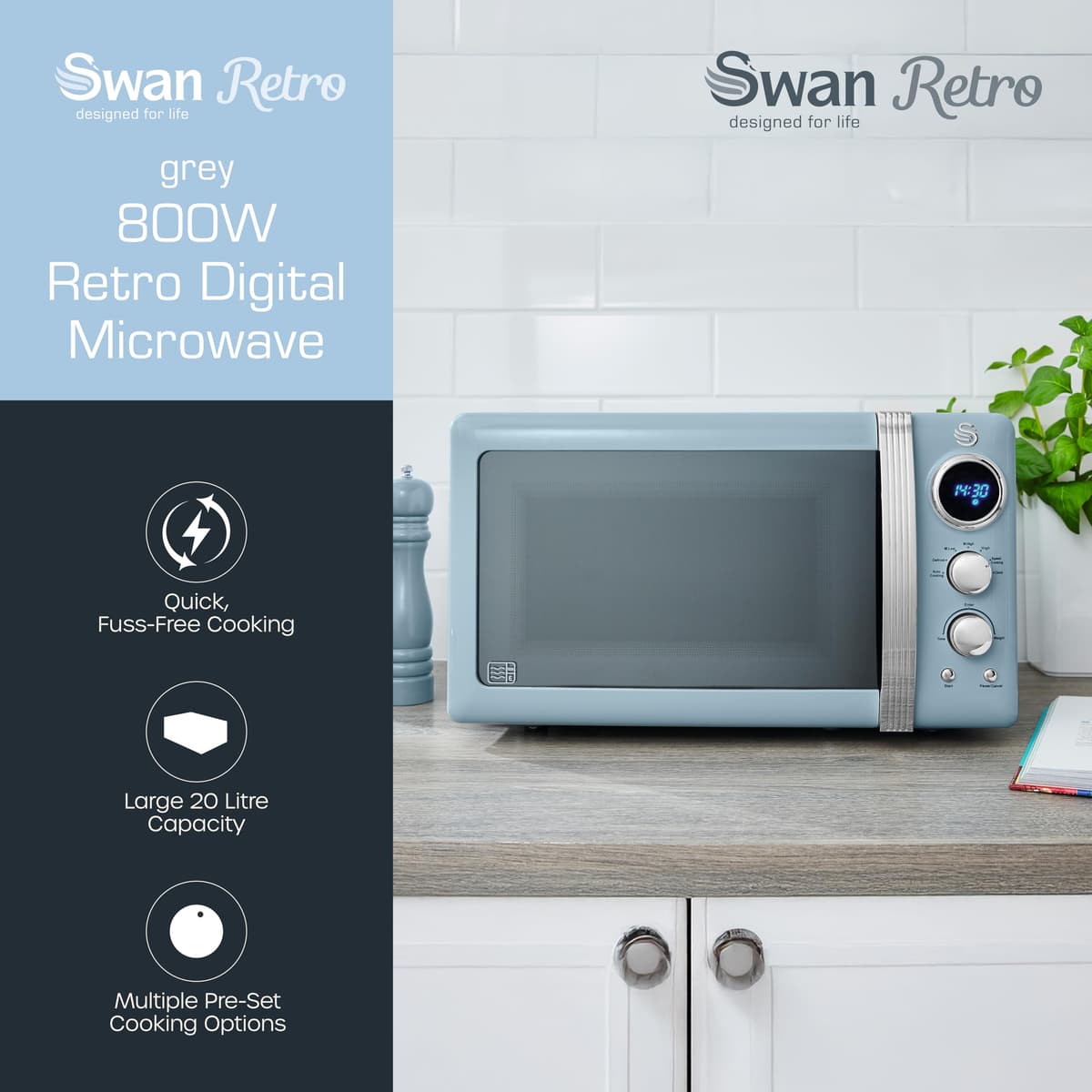 Swan Retro LED Digital Microwave Blue, 20L, 800W, 6 Power Levels Including Defrost Setting, SM22030LBLN — view 2