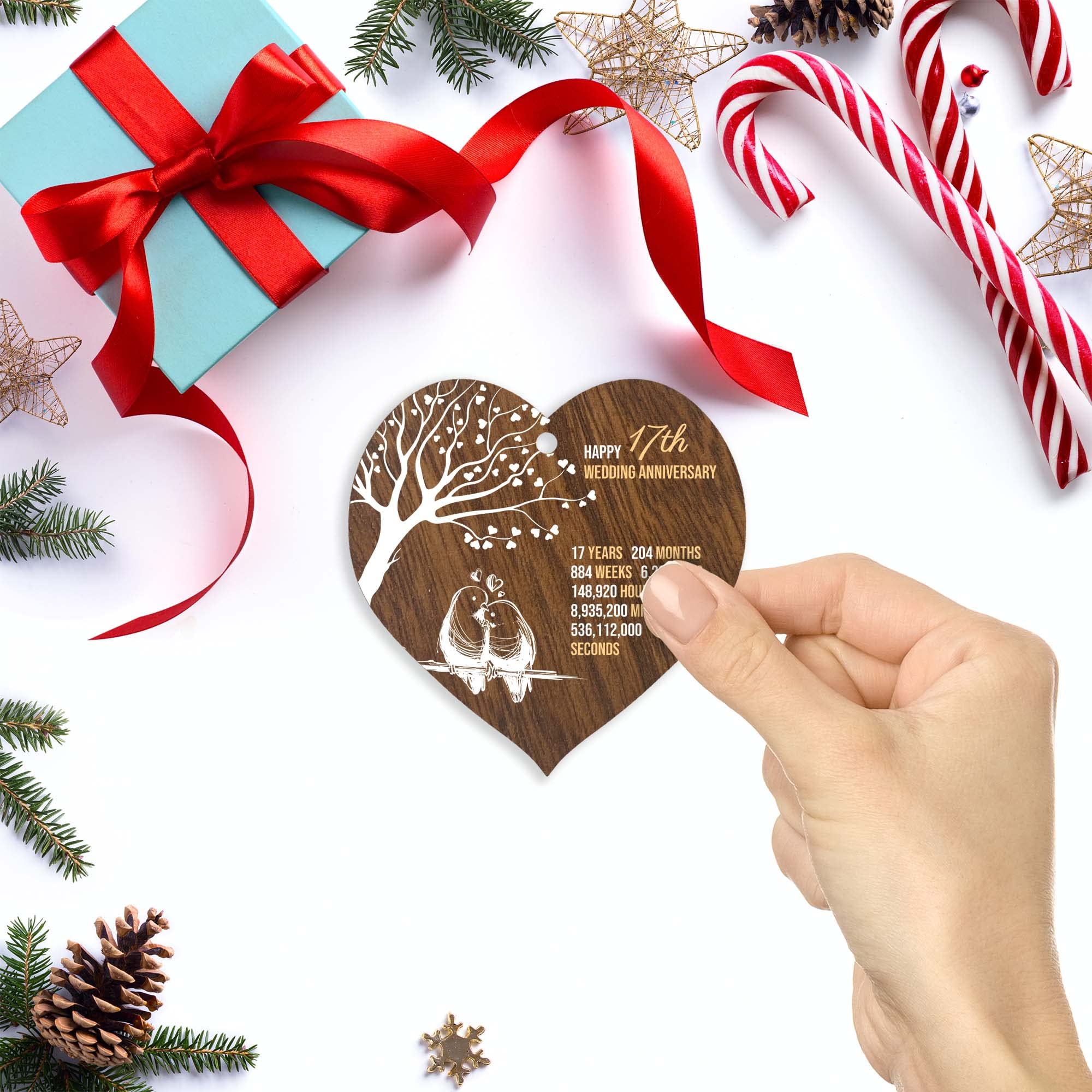 17th Wedding Anniversary Wooden Heart Plaque, Dark Wood Sign Keepsake, Celebrate Anniversary Wife Husband Boyfriend Girlfriend, Plaque with Quotes Gifts from the Kids — view 3