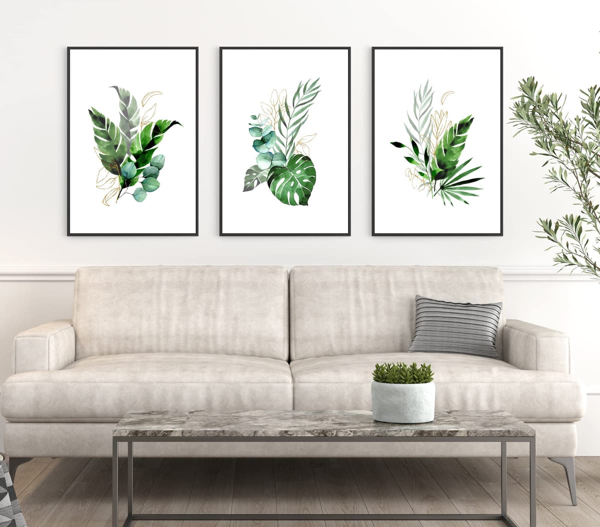 ag.art deco Pictures for Living Room | 30x40 cm Framed Wall Art | Posters with Black Frame | Canvas Wall Art for Hallway and Stairs | Room Decor | Set of 3 Artwork (Green Botanical 1) — view 2