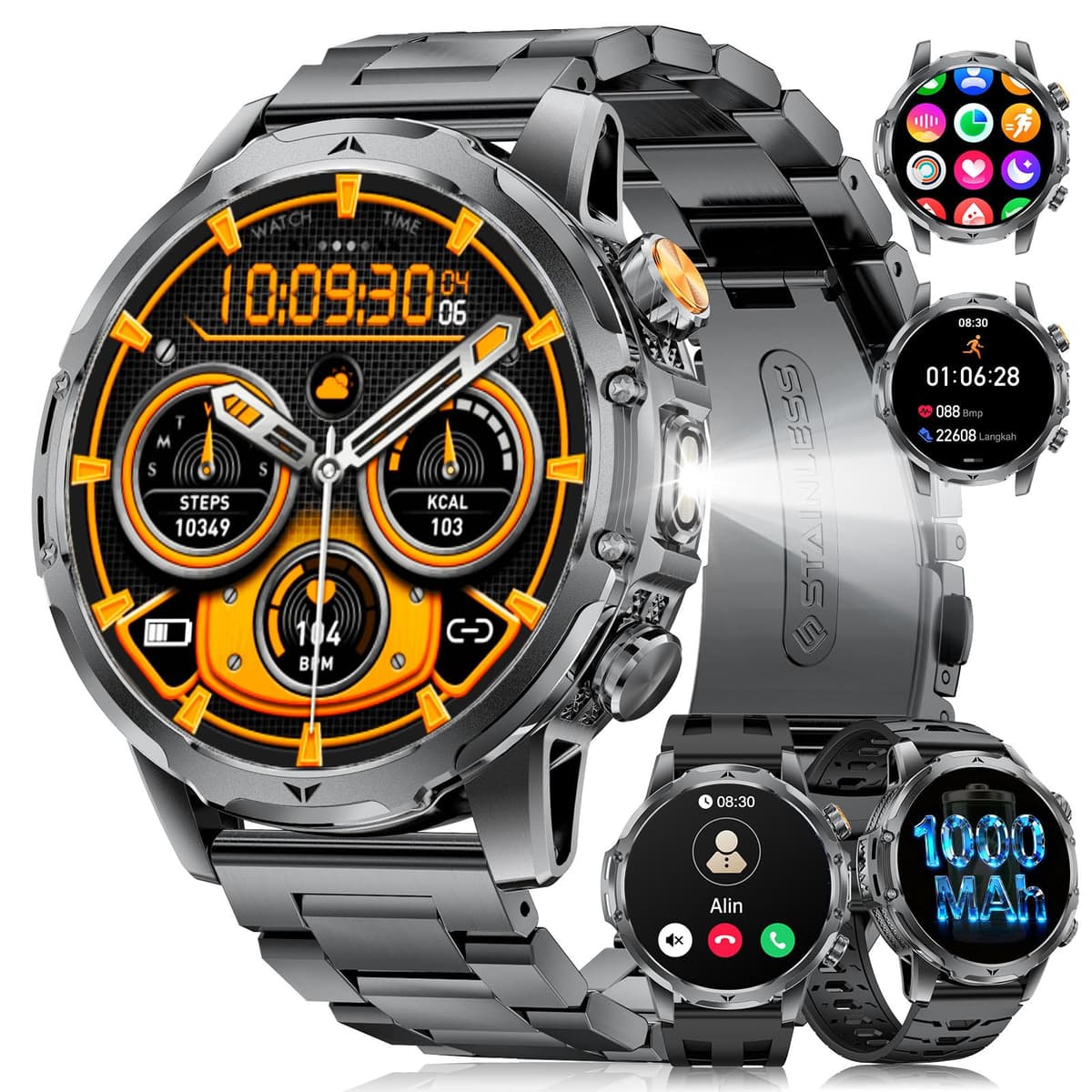 FitVigor Military Smart Watch for Men, 1.53" Fitness Tracker with 1000 mAh Ultra-Long Battery/Flashlight/Bluetooth Calling/Health Monitor / 120+ Sports Modes / IP68 Waterproof for iOS Android, Black