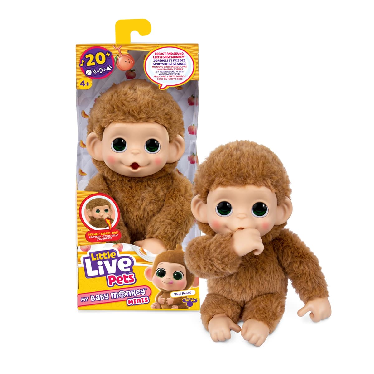 Little Live Pets Baby Monkey Minis – Luna Lemon. Interactive Pet Toy. 20+ Sounds & Reactions. Soft Pink Fur. 7.4" Tall. Feed, Nurture. React. Grippy Hands & Feet. Collect All 3 — view 11