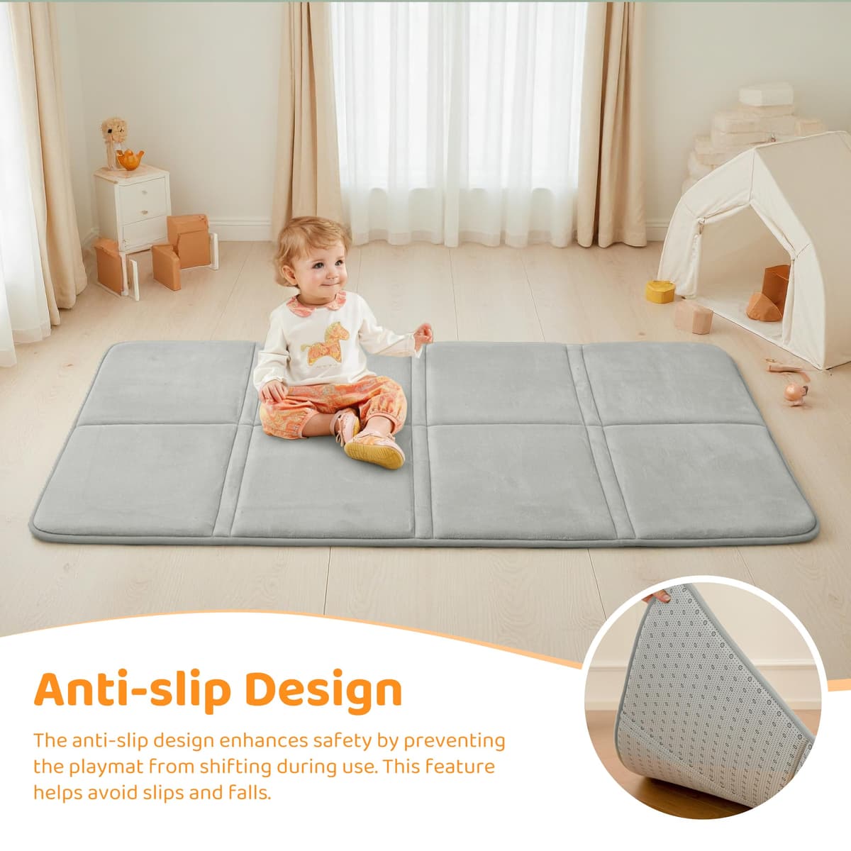 BYBYME 3cm Thick Baby Play Mat for Floor, 80 * 150cm Foldable Playpen Mat with Non-Slip Backing for Infant, Kids and Toddler Crawling, and Perfect Carpets for Yoga, Exercise, Grey — view 4