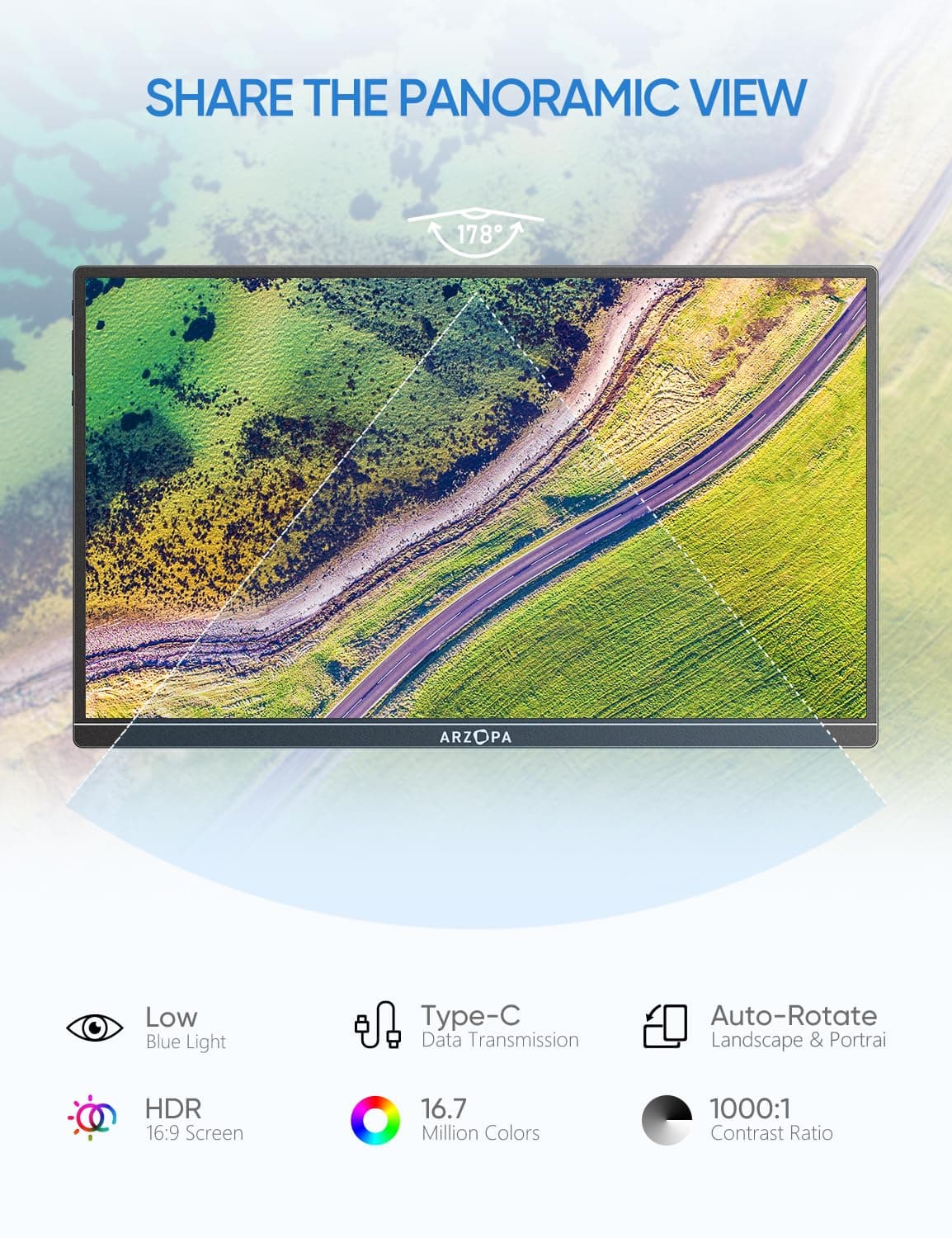 ARZOPA Portable Monitor 14.0" 1920×1080 FHD IPS Portable Monitor for Laptop with Single-rod, Support HDMI/Type-C/USB-C, Eye Protection Gaming Screen for Laptop/PC/Mac/PS3/4/5/Xbox - A1S — view 3