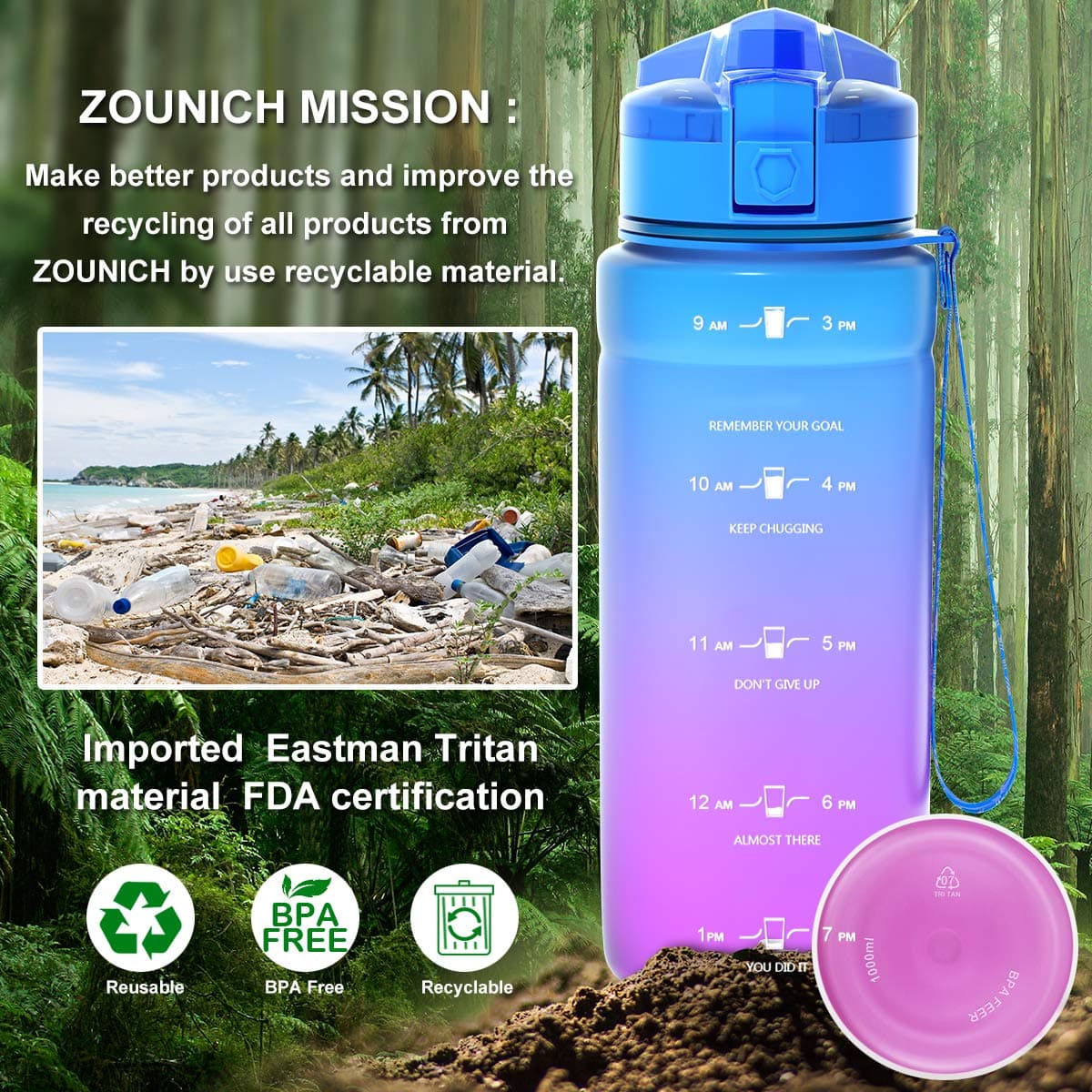 ZOUNICH Botella Agua Deporte, Botella Agua Niños sin BPA Reutilizable Plástico Tritan - 500 ml / 700 ml / 1 l, Cantimploras para Te con Filtro, para Infantil, Gimnasio, Bicicleta — view 7