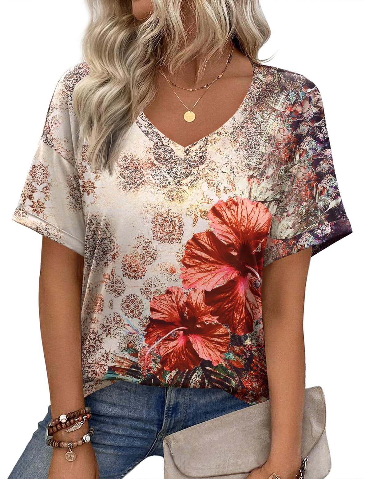 Zeagoo Camiseta básica de manga corta con cuello en V para mujer, para verano, informal, holgada, floral, blusa — view 8