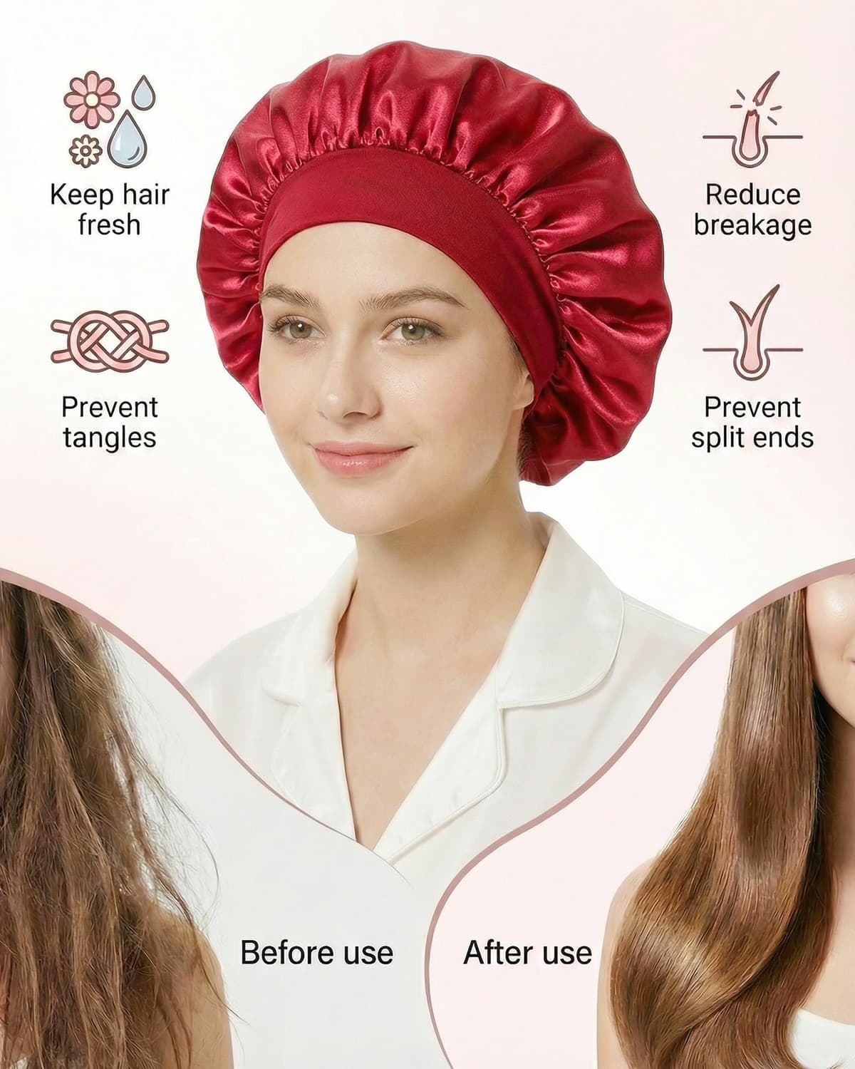 lulir Gorro de Seda para Dormir 2 Piezas - Gorro Saten Pelo Rizado con 2 Coleteros, Silk Bonnet Ajustable con Banda Elástica, Suave Antifrizz Cuidado del Cabello, para Mujer y Niña — view 5