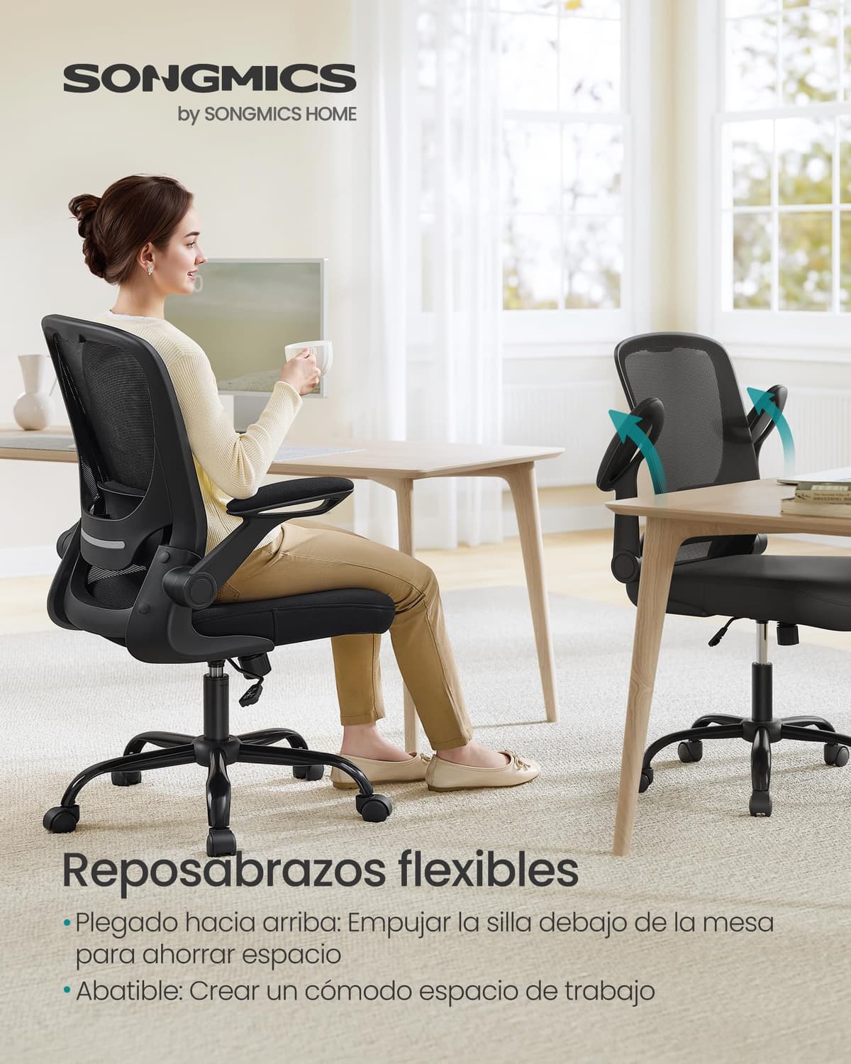 SONGMICS Silla de Oficina, Silla de Escritorio de Malla, Silla Giratoria Ergonómica, Soporte Lumbar, Oscilante, Asiento de 53 cm, Apoyabrazos Abatibles, Negro OBN037BKV2 — view 4