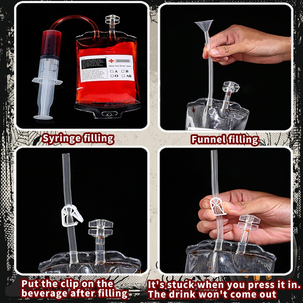 Vasos de Halloween, 10 bolsas de sangre de Halloween, bolsas de sangre de 350 ml para rellenar, bolsa de sangre para beber con jeringa de tipo de sangre, pegatinas decorativas de Halloween, bolsa de — view 3