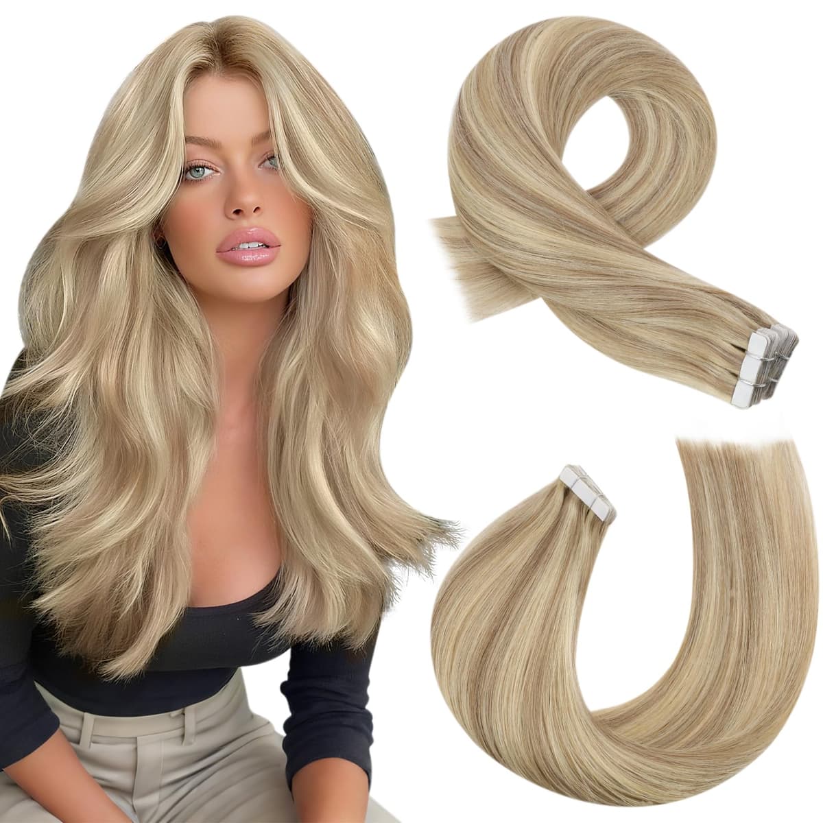 Moresoo Tape in Human Hair Extensions 20 Inch Highlight 50g/20pcs Tape in Hair Extensions Human Hair Ash Blonde with Platinum Blonde #P18/613 — view 64