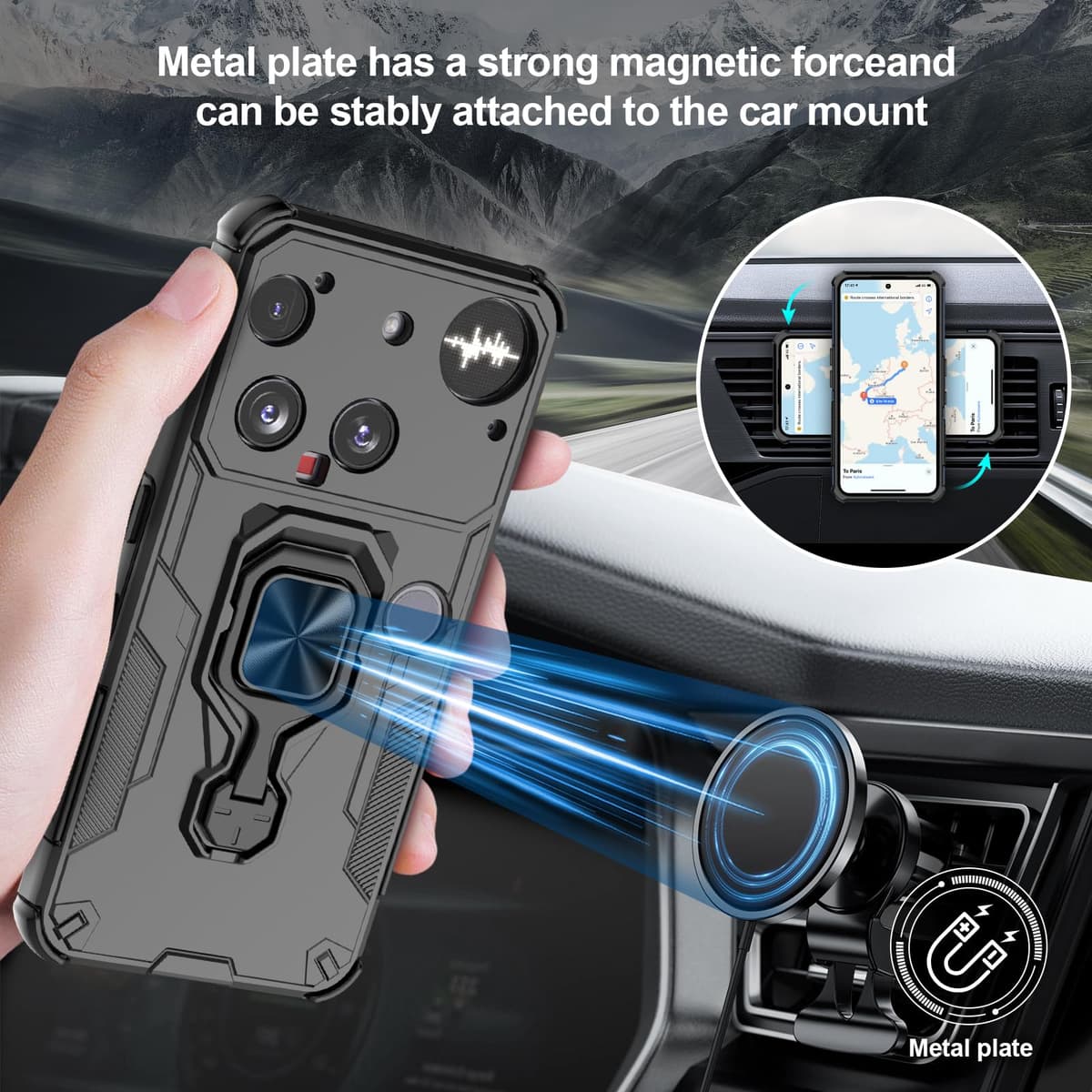 Funda para CMF Phone 2 Pro, Carcasa Antigolpes con Soporte anular metálico, Case Protectora de Grado Militar, Negro — view 1302