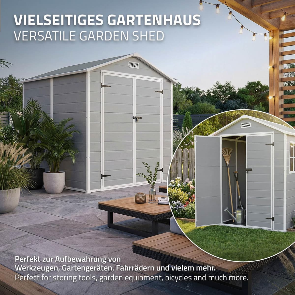 ECD Germany Caseta de Jardín con Suelo, 5m³ 151x182x220 cm Gris Claro, Cobertizo Exterior de Plástico para Almacenamiento de Herramientas, con Tejado en Dos Aguas, Puerta y Ventana de Ventilación — view 5