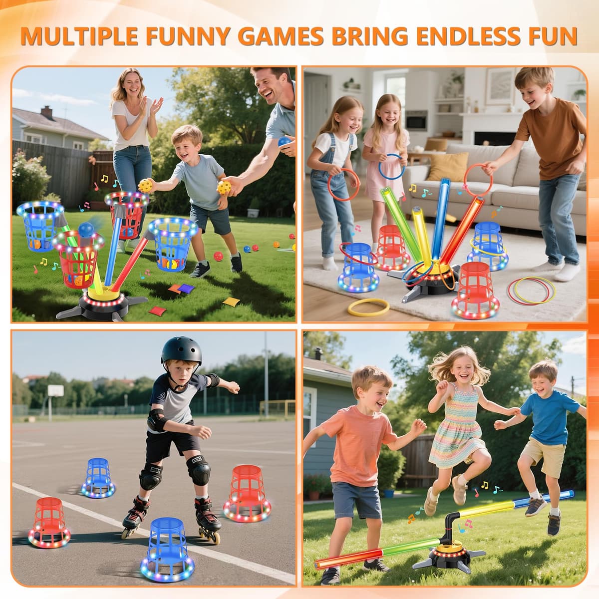 TERRAMUS 3 in 1 Bean Bag Ring Toss Game for Kids, Rechargeable Musical Jumping Games w/LED Light & Remote, Electric Spinning Base, Sandbags, Rings, Carnival Indoor Outdoor Sport Toy for 3+ Boys Girls — view 2