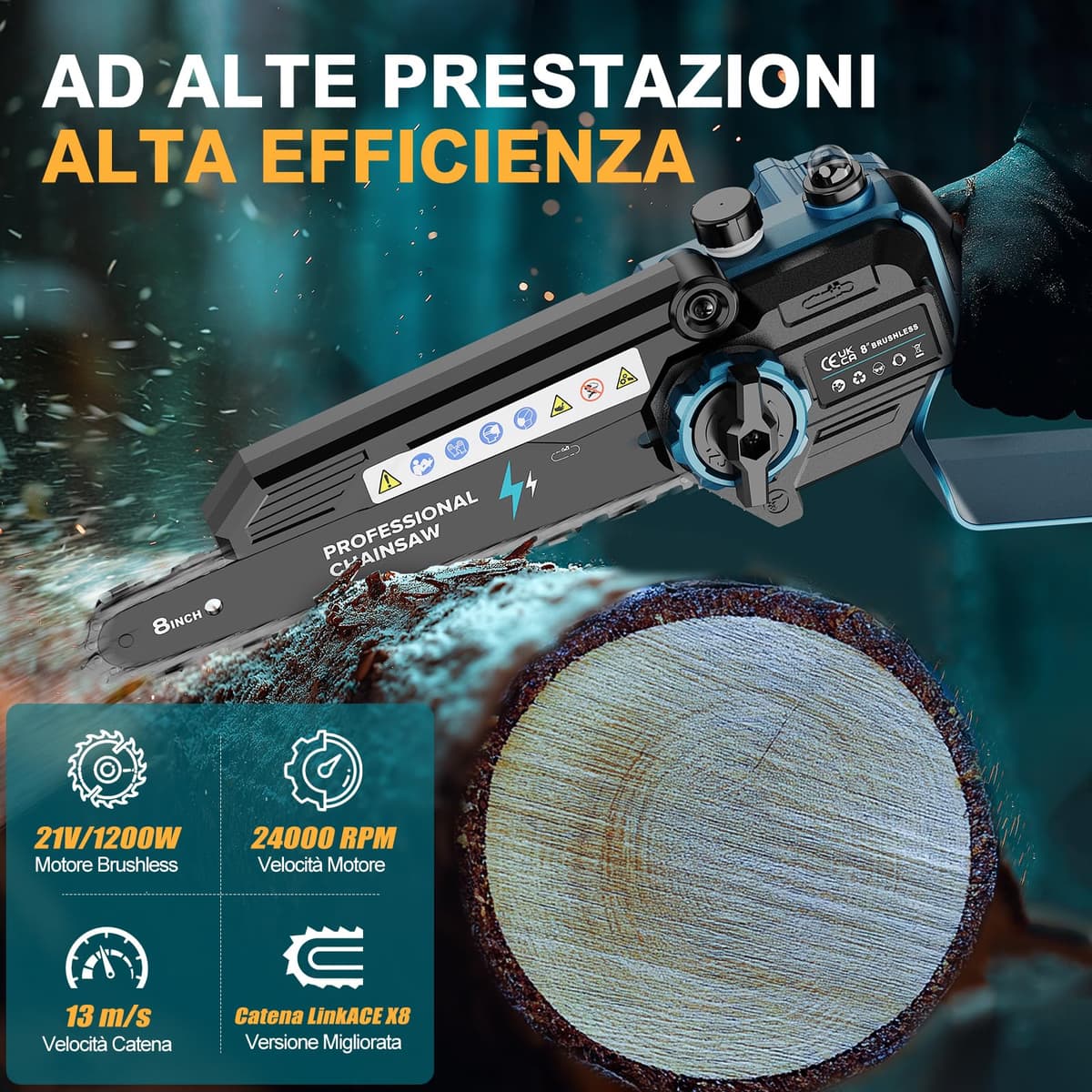 Mini Motosierra Bateria, 8000mAh Sierra Eléctrica Bateria Motor sin Escobillas 8 Pulgadas, con El Aceite y 2 Baterías, Motosierra Inalámbrica Portátil para Podar, Árboles (1200W) — view 4