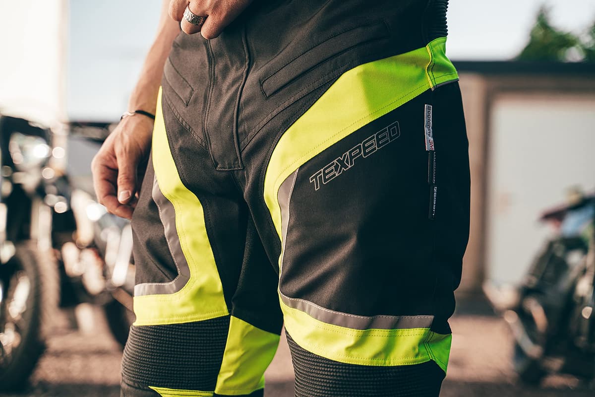 Texpeed Motorcycle Biker Trousers Mens Motorbike Waterproof Textile Cordura Pants With Protective CE Armour (EN 1621-1) Yellow Hi Vis - 42W / 30L — view 2