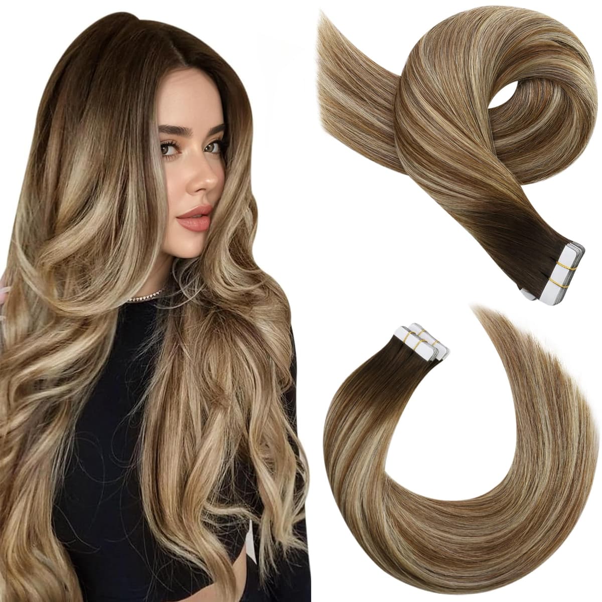Moresoo Tape in Human Hair Extensions 20 Inch Highlight 50g/20pcs Tape in Hair Extensions Human Hair Ash Blonde with Platinum Blonde #P18/613 — view 34