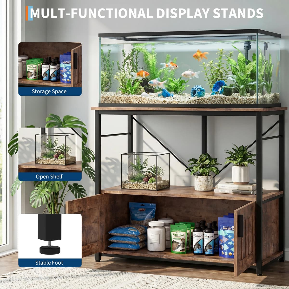 GarveeHome Estante resistente para acuario 40-50 galones con gabinete – Soporta hasta 300 kg – Organizador práctico para peceras, terrarios y accesorios – Ideal hogar y oficina – Marrón — view 2