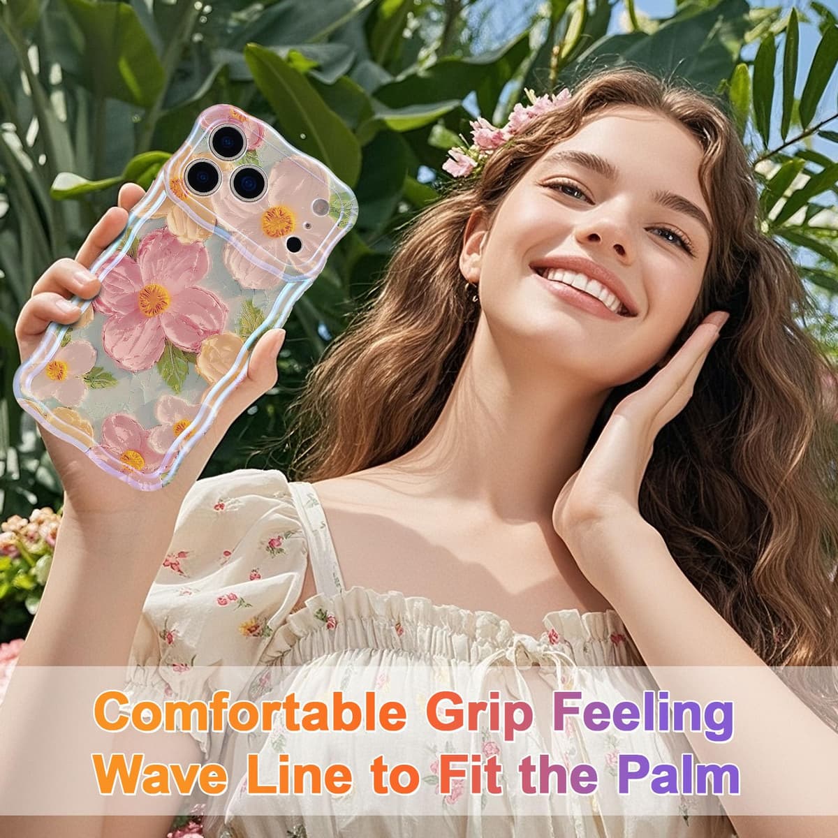 EYZUTAK Case for iPhone 17 Pro, Colorful Retro Oil Painting Printed Flower Laser Glossy Pattern Cute Curly Wave Edge Exquisite Phone Cover Stylish Durable TPU Protective Case for Girl Women-Green — view 8