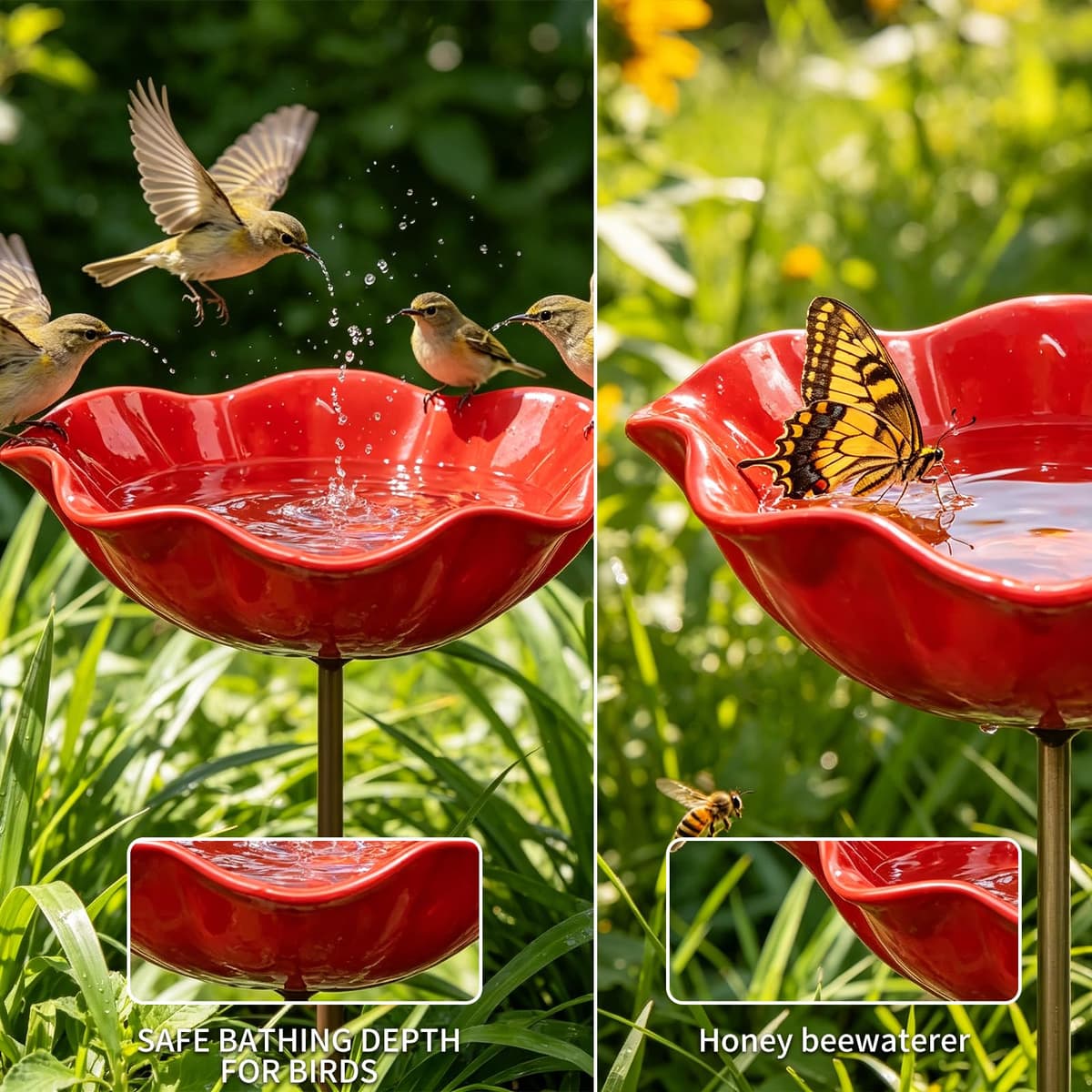 Handmade Metal Flower Garden Stake, Flower-Shaped Bee Watering Station for Garden, Dual-Function Metal Flowers Bird Bath & Pollinator Water Station, for Yard Lawn Patio Landscape Decor (Red,3PCS) — view 4