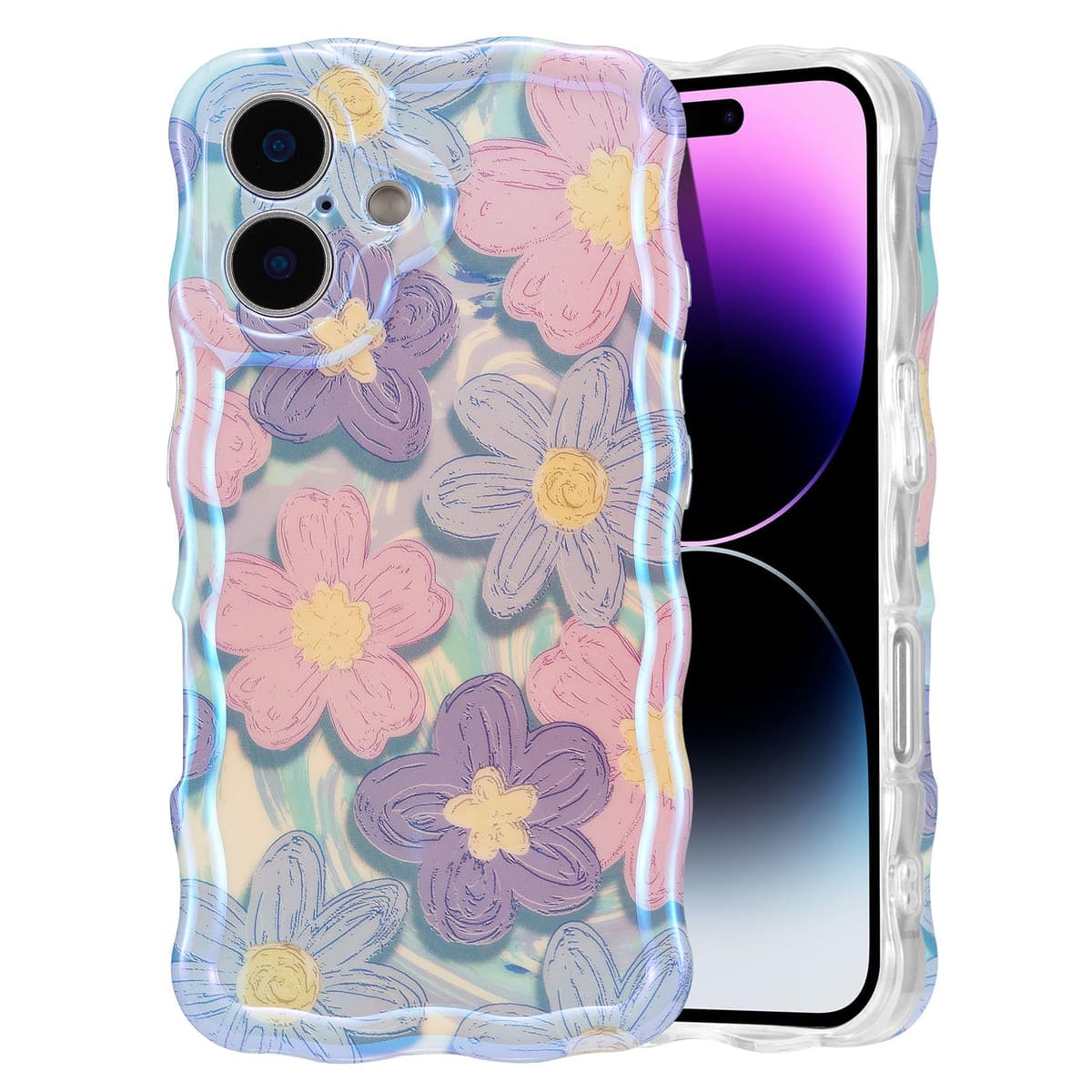 EYZUTAK Case for iPhone 16, Colorful Retro Oil Painting Printed Flower Laser Glossy Pattern Cute Curly Wave Edge Exquisite Phone Cover Stylish Durable TPU Protective Case for Girl Women-Green — view 48