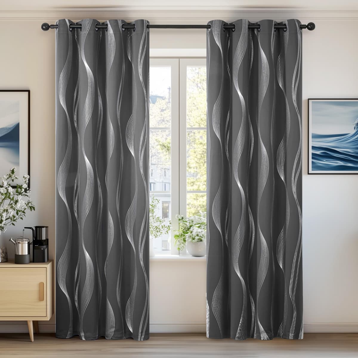Deconovo Grey Blackout Curtains for Living Room 72 Drop Silver Wave Line Foil Printed Blackout Curtains Thermal Insulated Curtains Eyelet Curtains for Baby Nursery 46 x 72 Inch Light Grey Two Panels — view 8