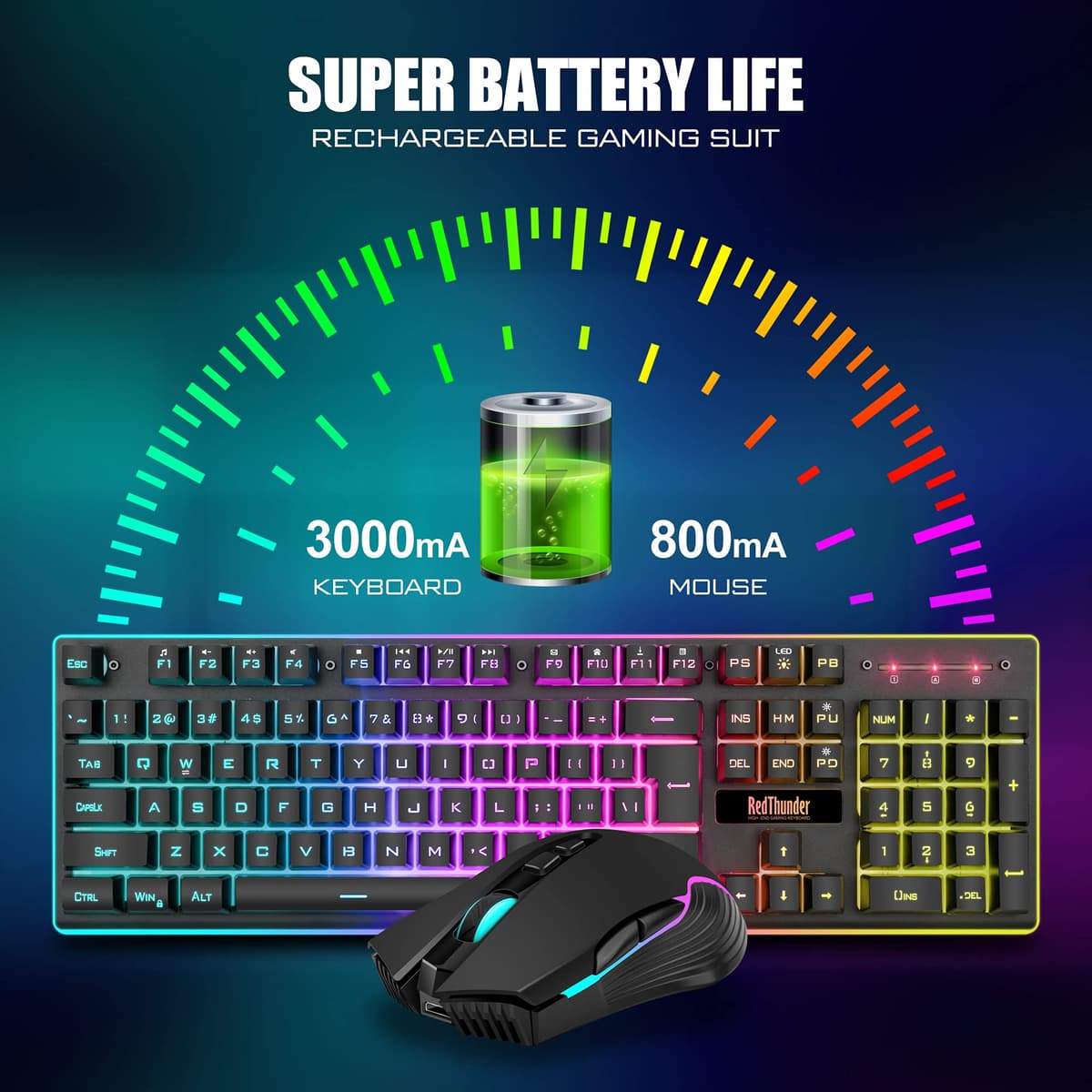 RedThunder K10 Wireless Gaming Keyboard and Mouse Combo, LED Backlit Rechargeable 3800mAh Battery, UK Layout Mechanical Feel Keyboard + 7D 3200DPI Mice for PC Gamer (Black) — view 3