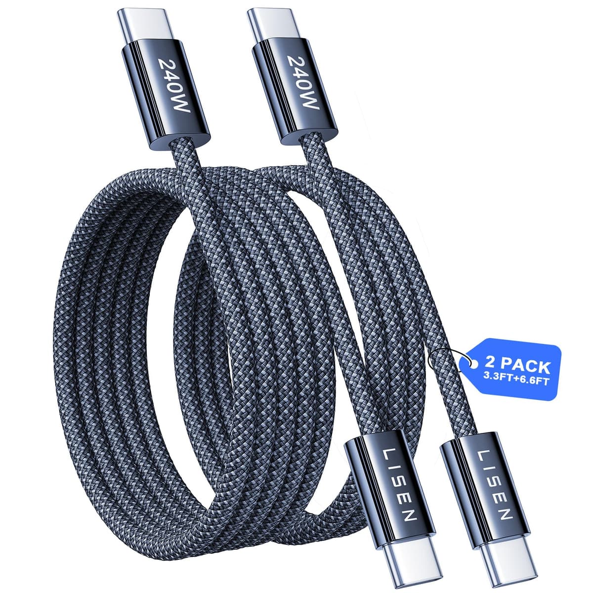LISEN 240W USB C to USB C Cable [2-Pack 2m] USB C Charger Cable, Nylon Type C Charger Cable Fast Charging for iPhone 17 16 15 Pro Max, MacBook Pro/Air, iPad Pro, Samsung Galaxy S25 S24, Switch 2 — view 13