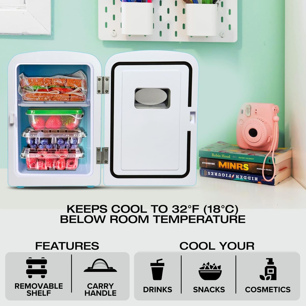 Koolatron Retro Mini Fridge For Bedrooms 12V Portable Cooler Refrigerator 4L Small 6 Can Table Top Quiet Mini Fridges For Skincare Food Drinks Kids Home Car & Travel Aqua — view 2