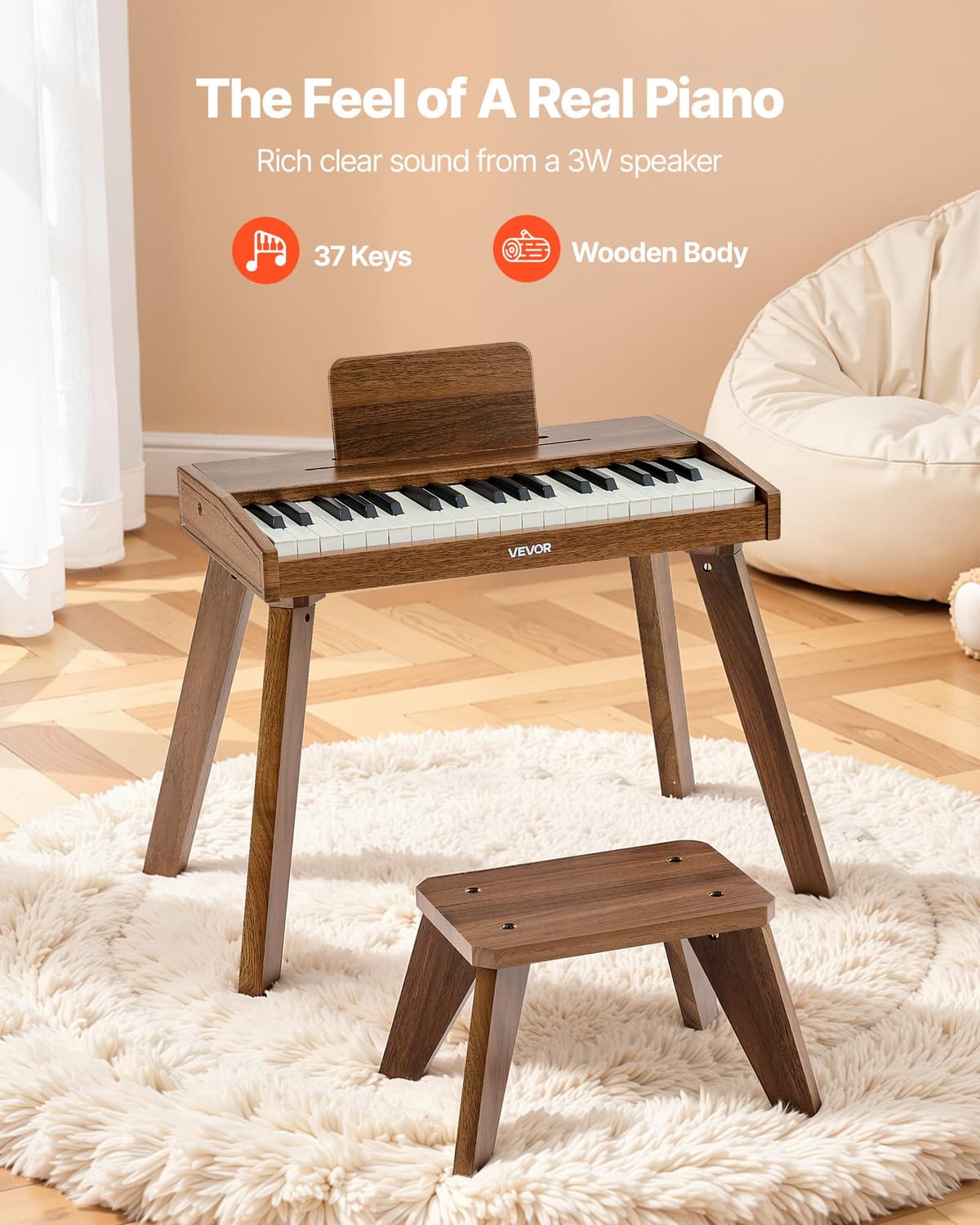 VEVOR Teclado de Piano Infantil 37 Teclas de Madera con Silla, Piano Electrónico para Niños 3-10 Años, Volumen Ajustable, USB-C o Pilas, con Pegatinas de Notas y Hojas de Práctica para Viaje Casa Aula — view 2