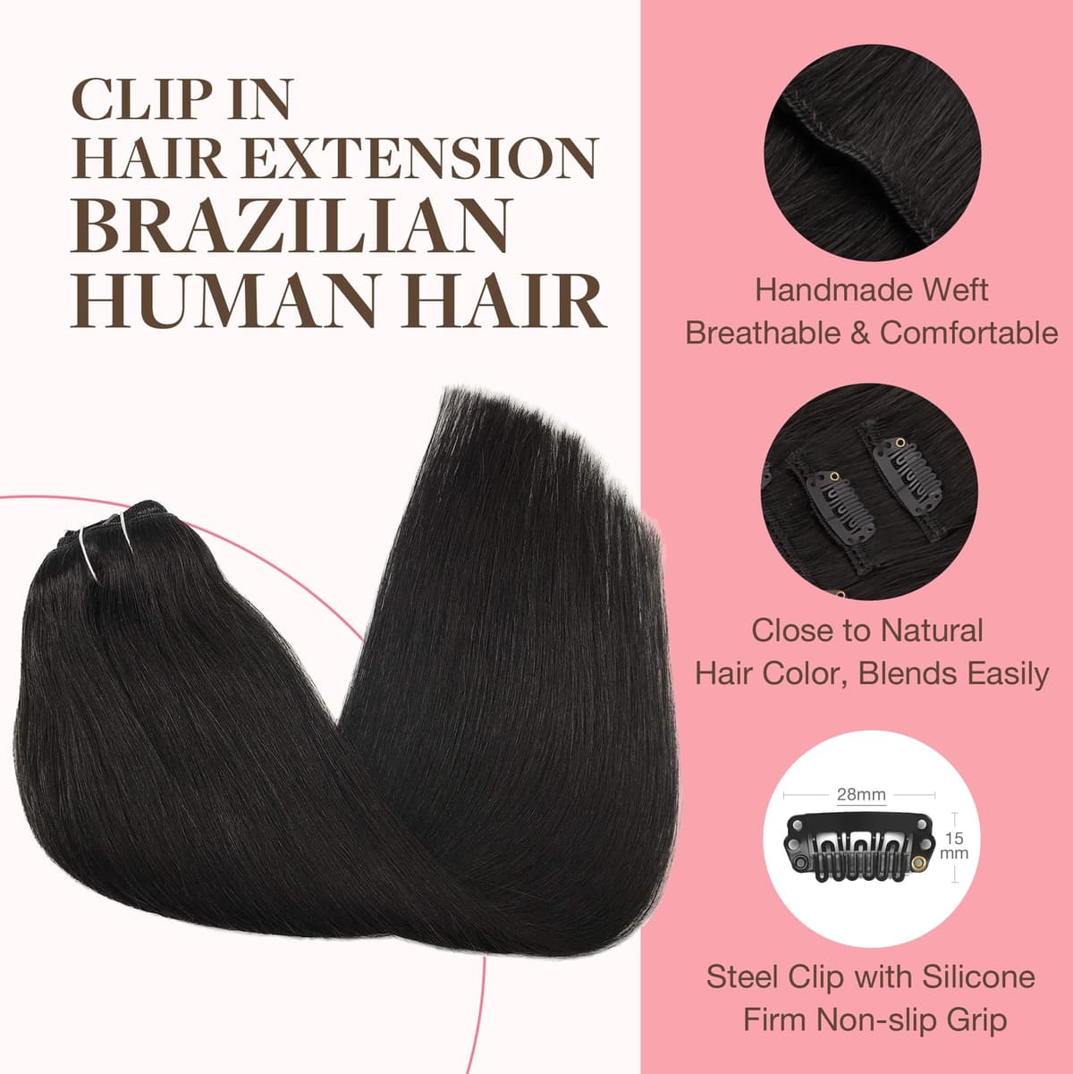 GOO GOO Clip in Human Hair Extensions, 16inch 120g 7pcs, Hair Extensions Clip in, 1B Black — view 3